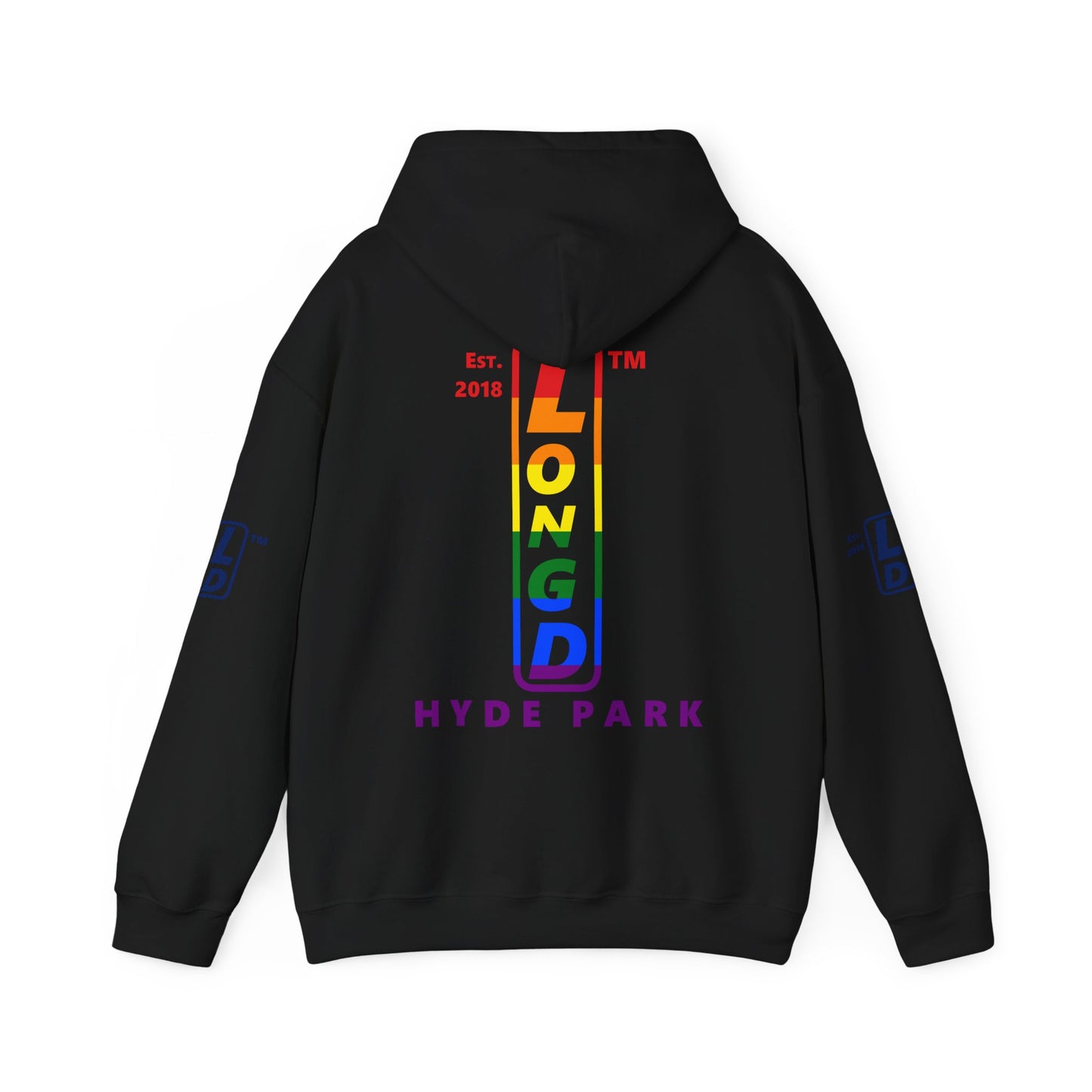 LongD® positive horizontal 6-striped Hyde Park 4-print upright logo hoodie (Pride colors)