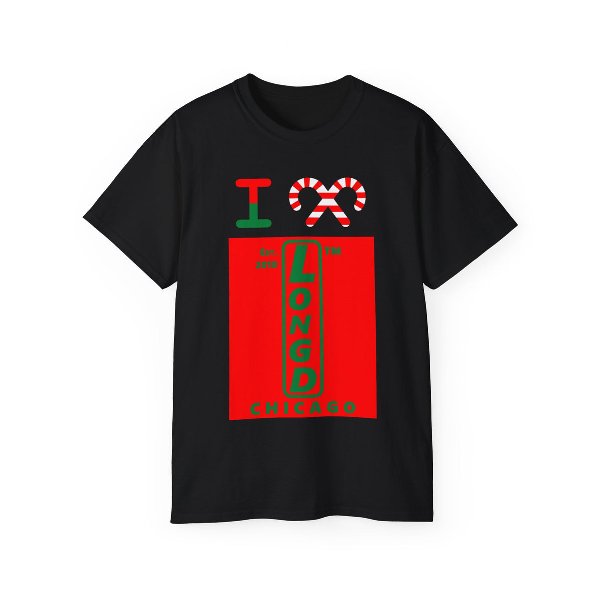 I candy cane LongD Chicago upright logo positive green on negative red cotton tee