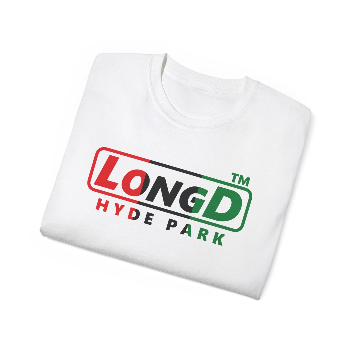 LongD positive vertical 3-striped Hyde Park logo cotton tee (Juneteenth colors)