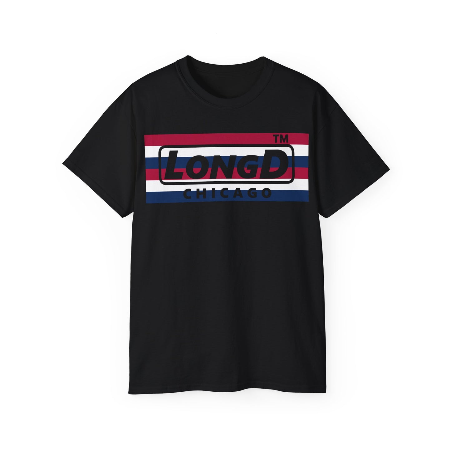 LongD negative horizontal 6-striped Chicago logo cotton tee (patriotic colors)