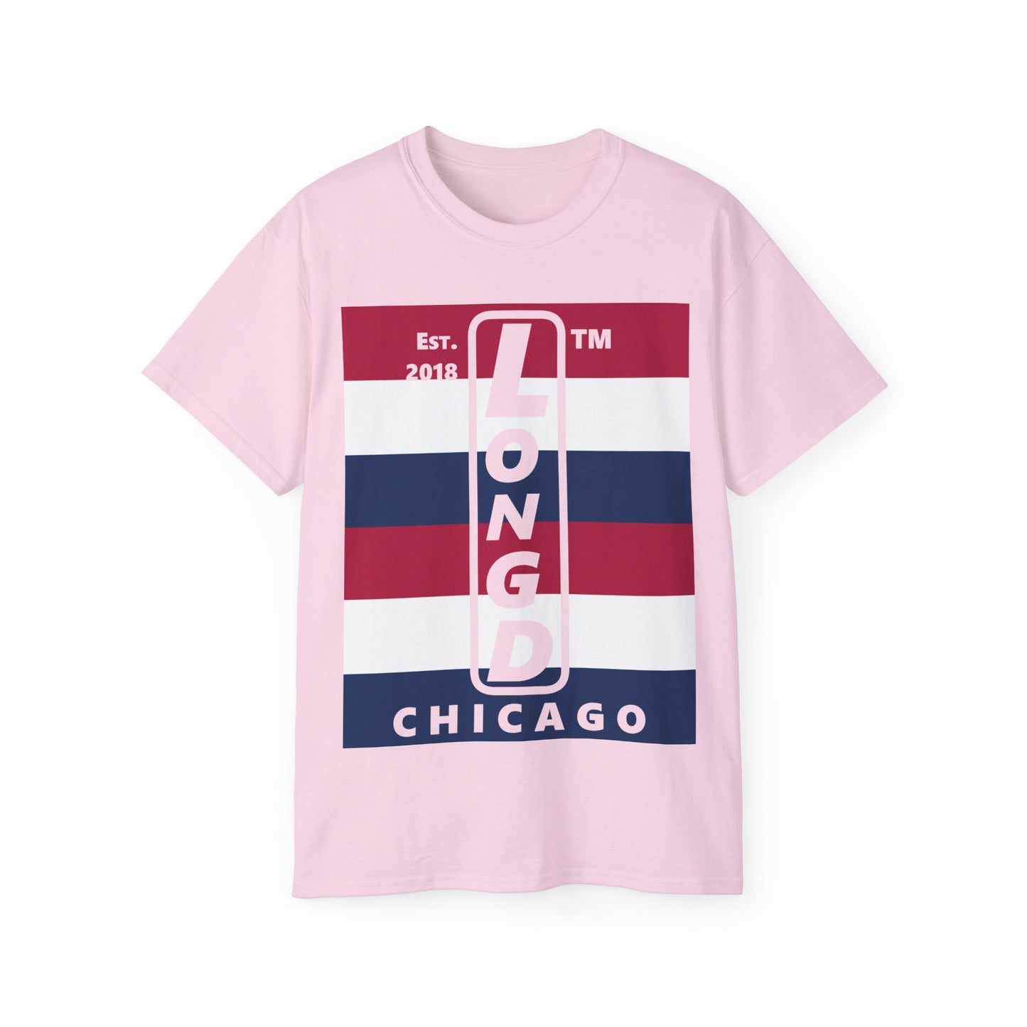 LongD cotton tee negative horizontal 6-striped Chicago upright logo (Patriotic colors)