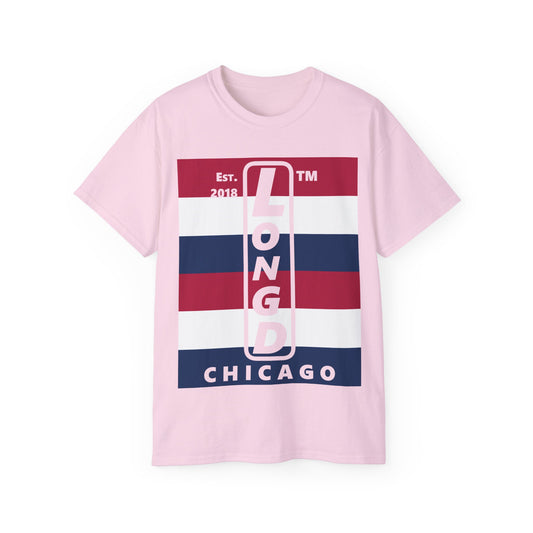LongD cotton tee negative horizontal 6-striped Chicago upright logo (Patriotic colors)