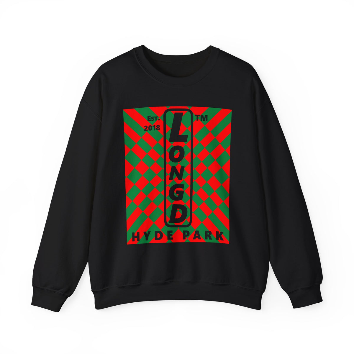 LongD Hyde Park negative upright stylized argyle logo (Xmas colors) crewneck sweatshirt