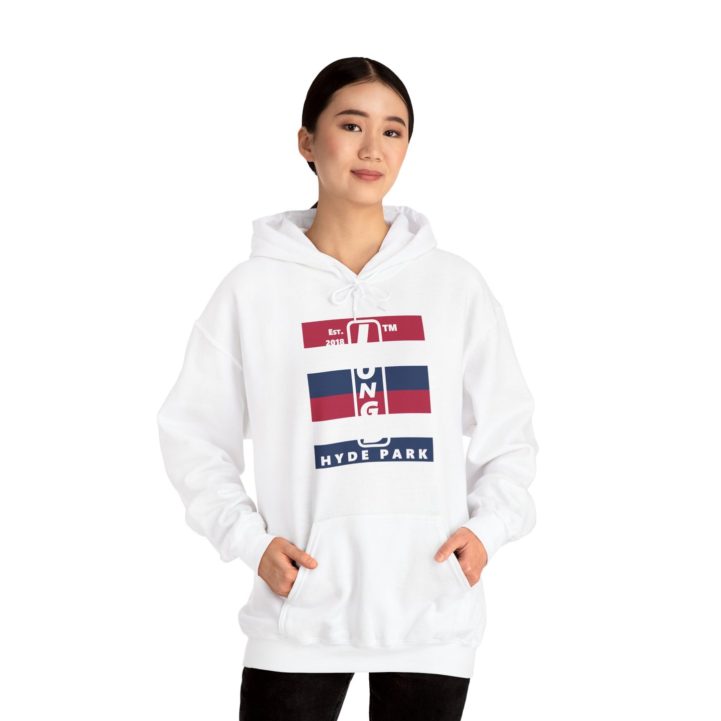 LongD® negative horizontal 6-striped upright Hyde Park logo hoodie (Patriotic colors)