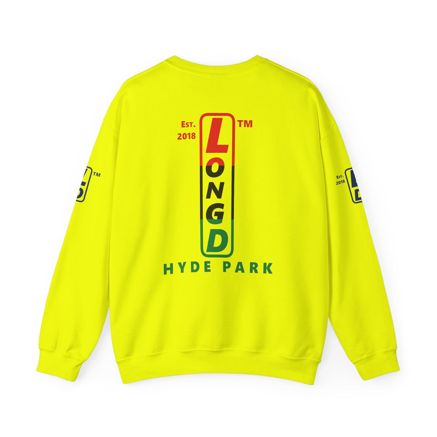 I Fist LongD positive horizontal 6-striped Hyde Park upright 4-print logo crewneck sweatshirt