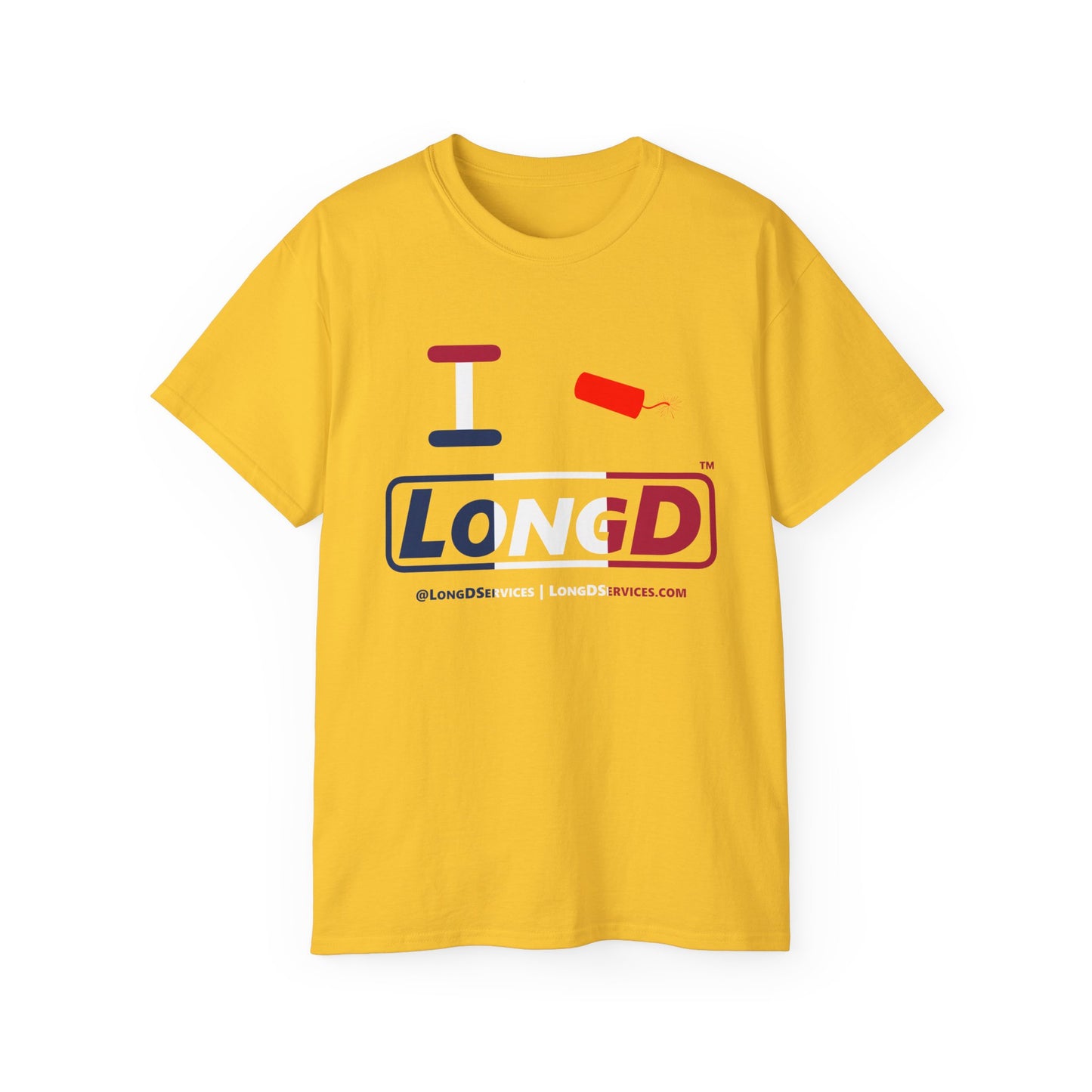 I Firecracker LongD® Logo Cotton Tee Blue, White and Red positive thirds text