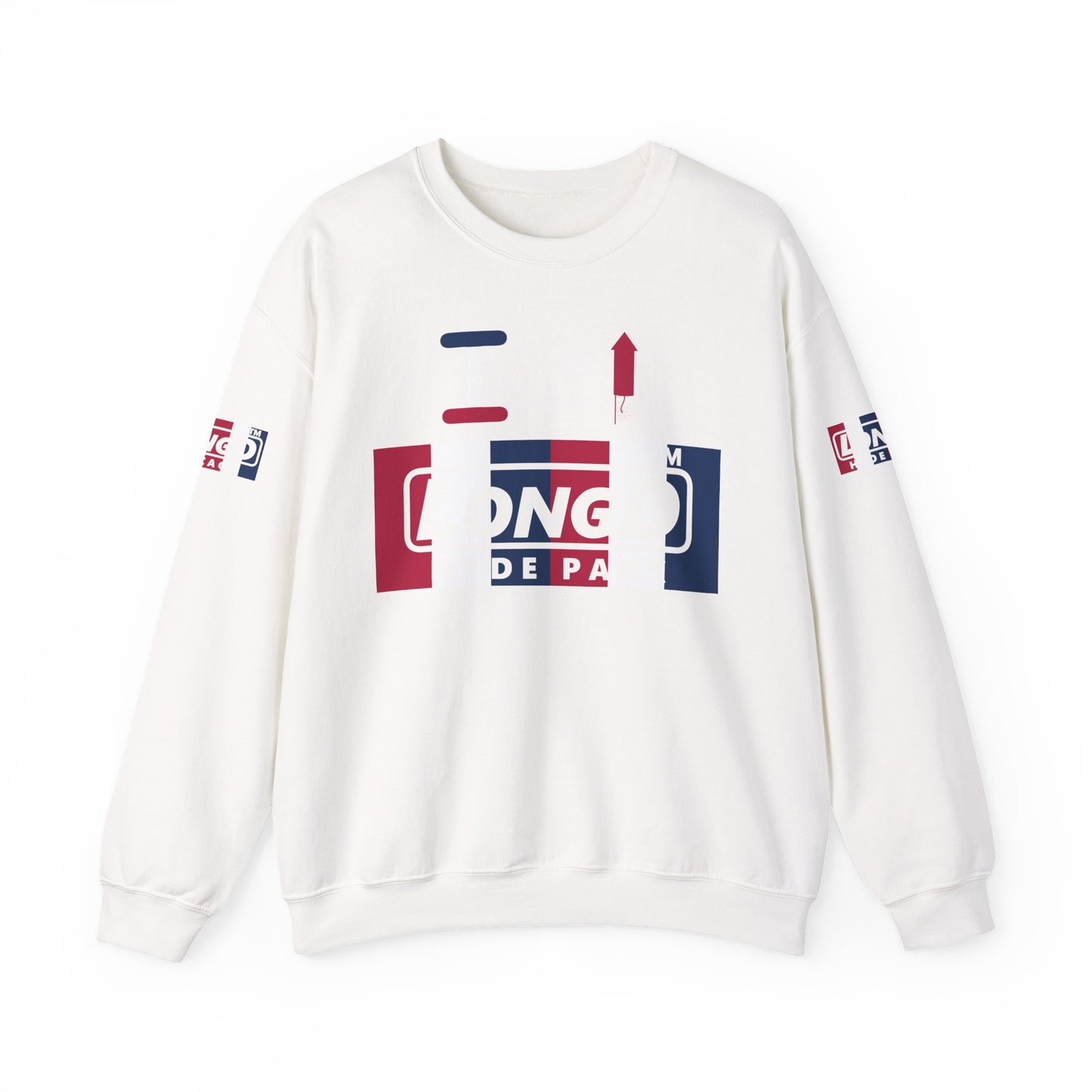 I firecracker LongD positive vertical 6-striped 4-print Hyde Park logo crewneck sweatshirt
