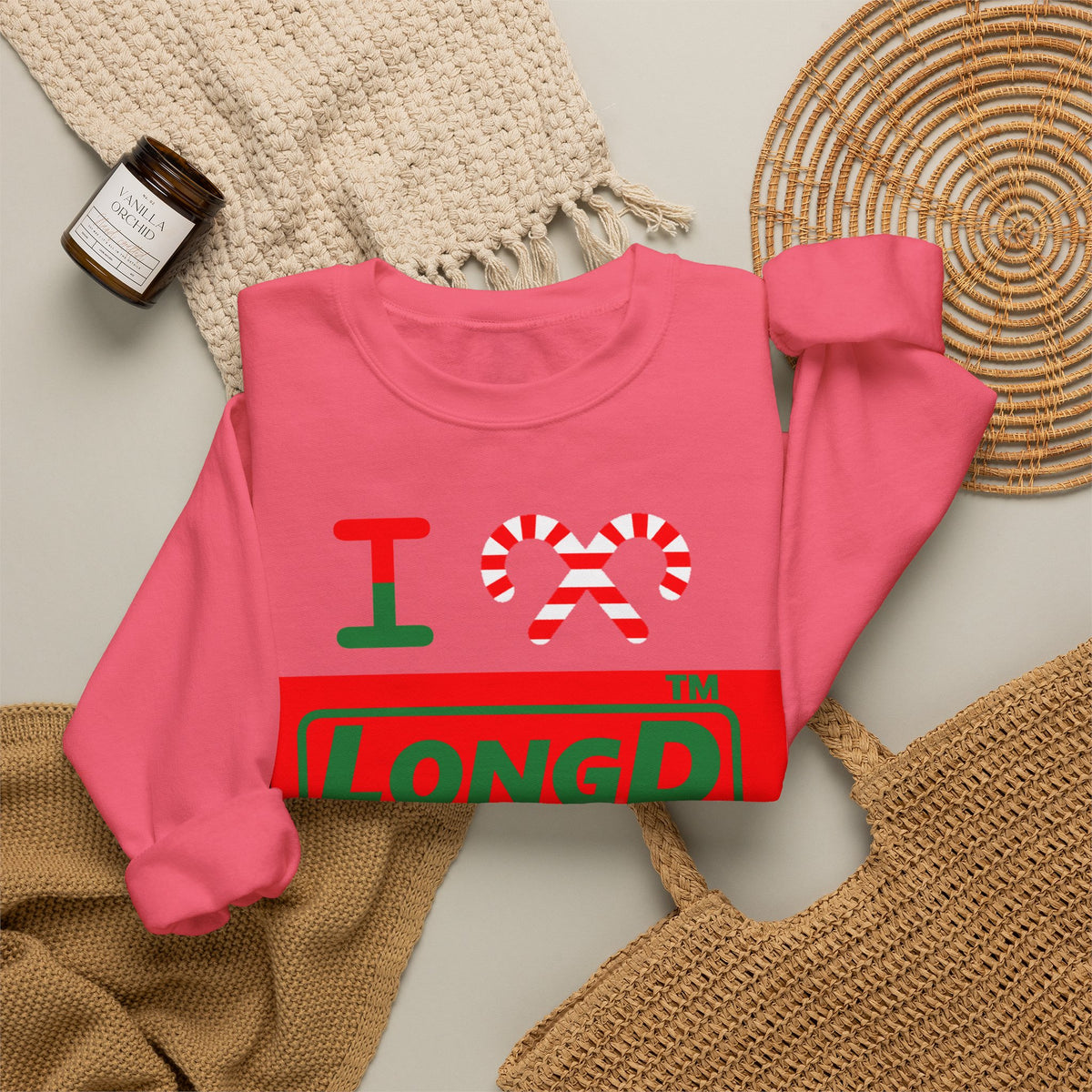 I candy cane LongD Tag logo positive green on negative red crewneck sweatshirt