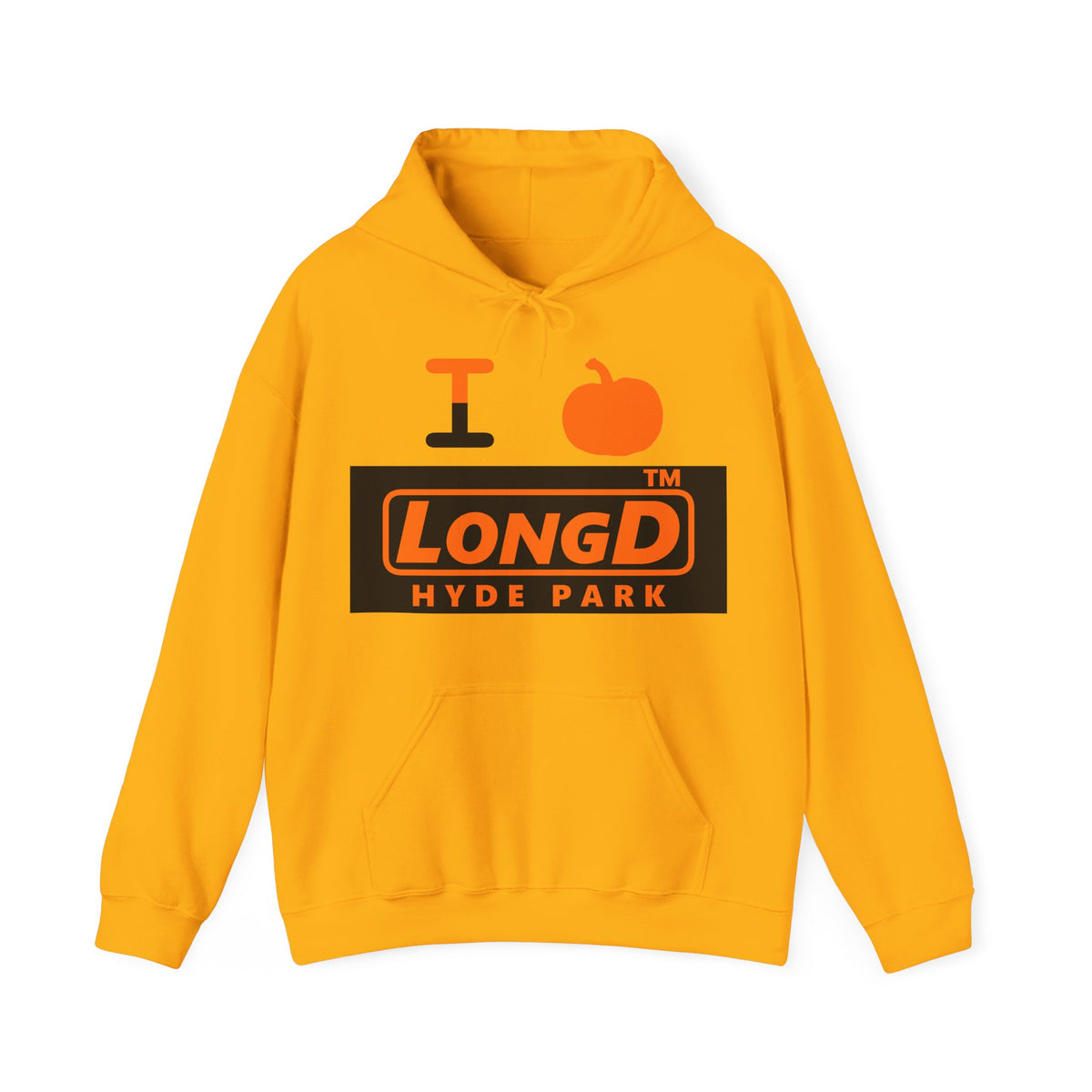 I pumpkin LongD Hyde Park logo positive orange on negative black hoodie