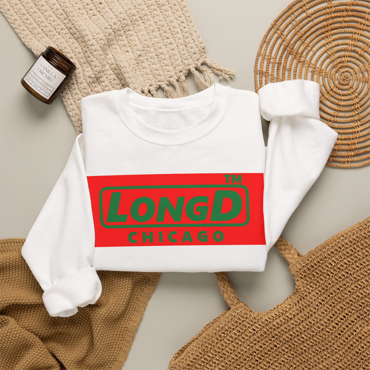 LongD Chicago logo positive green on negative red (Xmas colors) crewneck sweatshirt