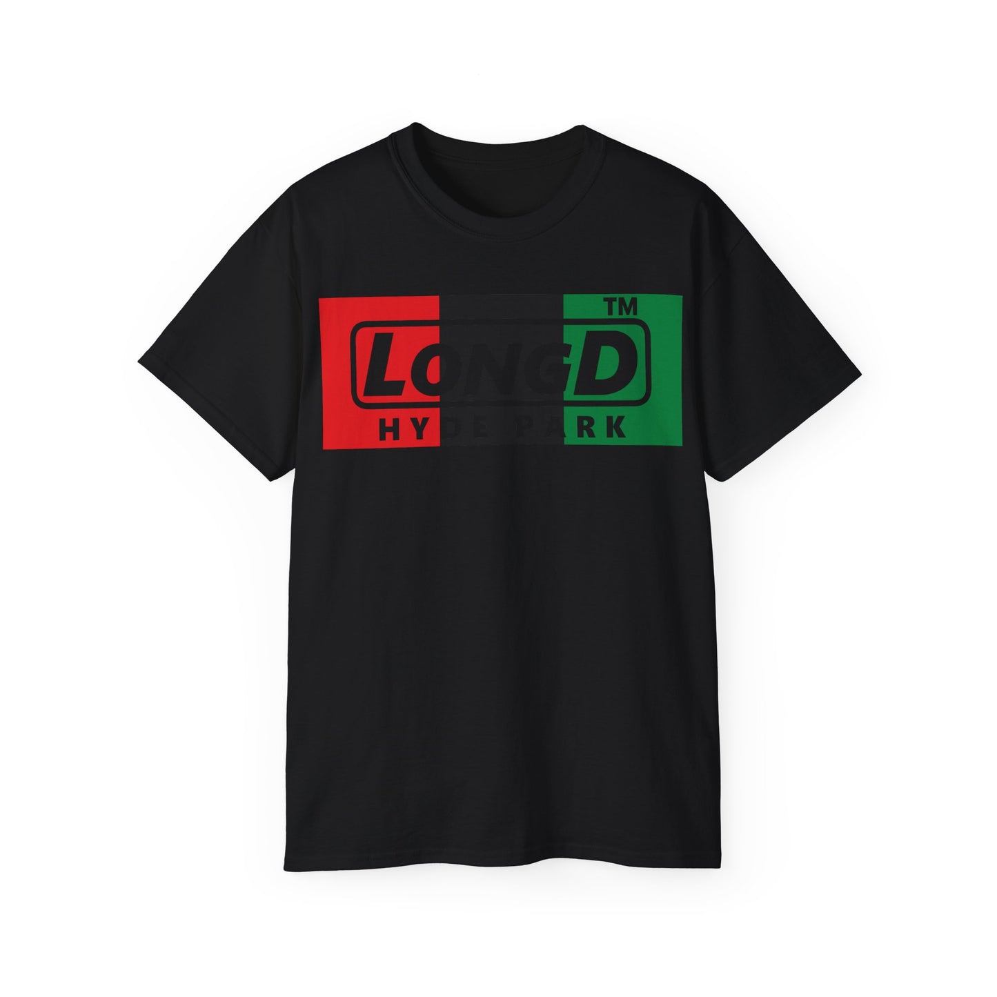 LongD negative vertical 3-striped Hyde Park logo cotton tee (Juneteenth colors)