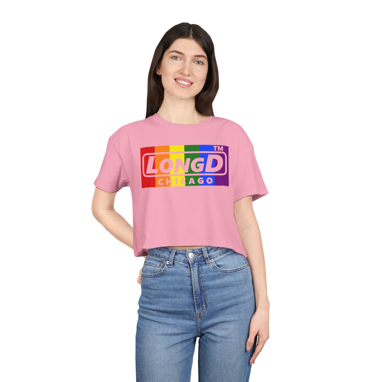 LongD negative vertical 6-striped Chicago logo crop tee (Pride colors)
