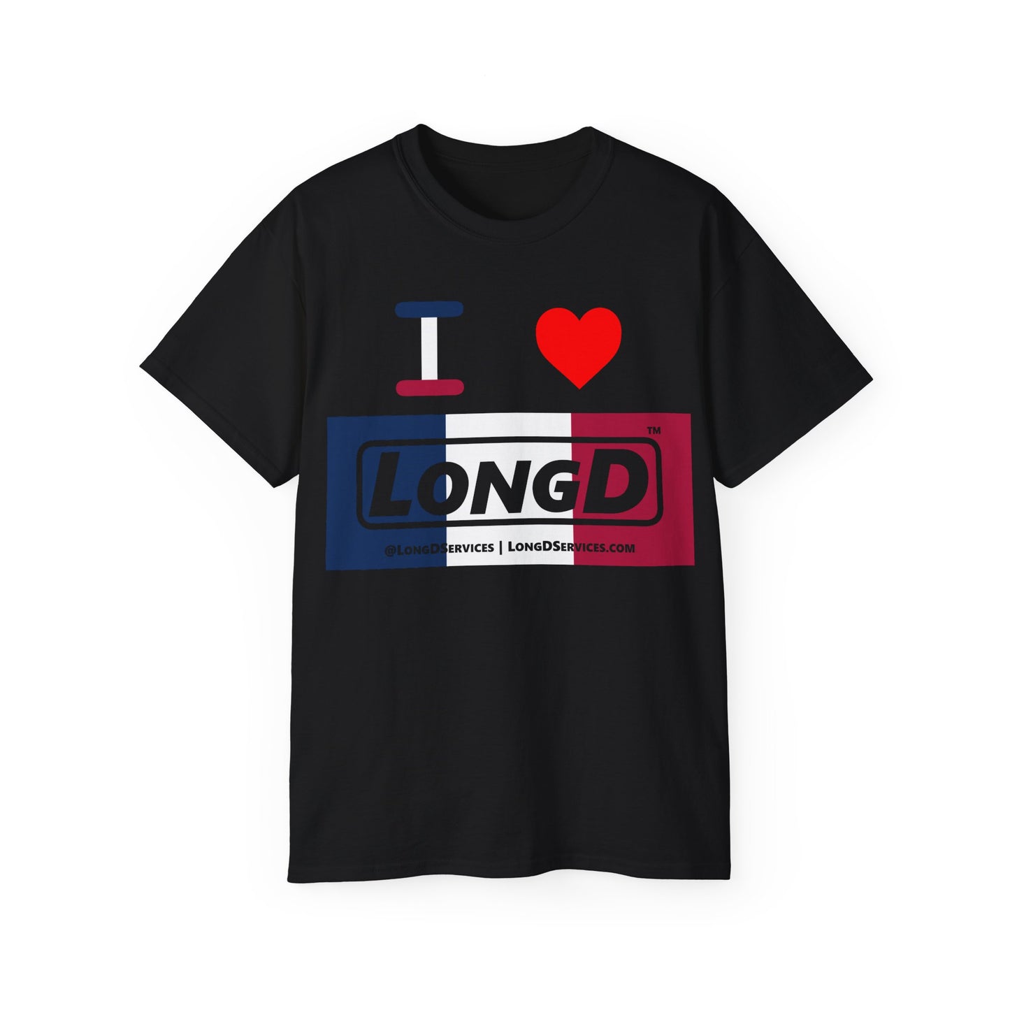 I Luv LongD® Logo Cotton Tee Blue, White and Red negative thirds text
