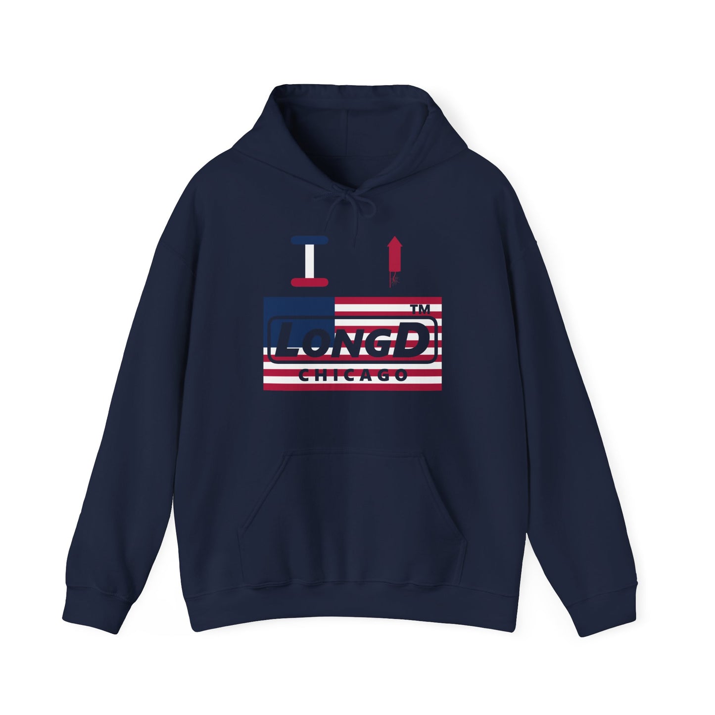 I firecracker LongD® negative flag front-back double breasted Chicago logo hoodie