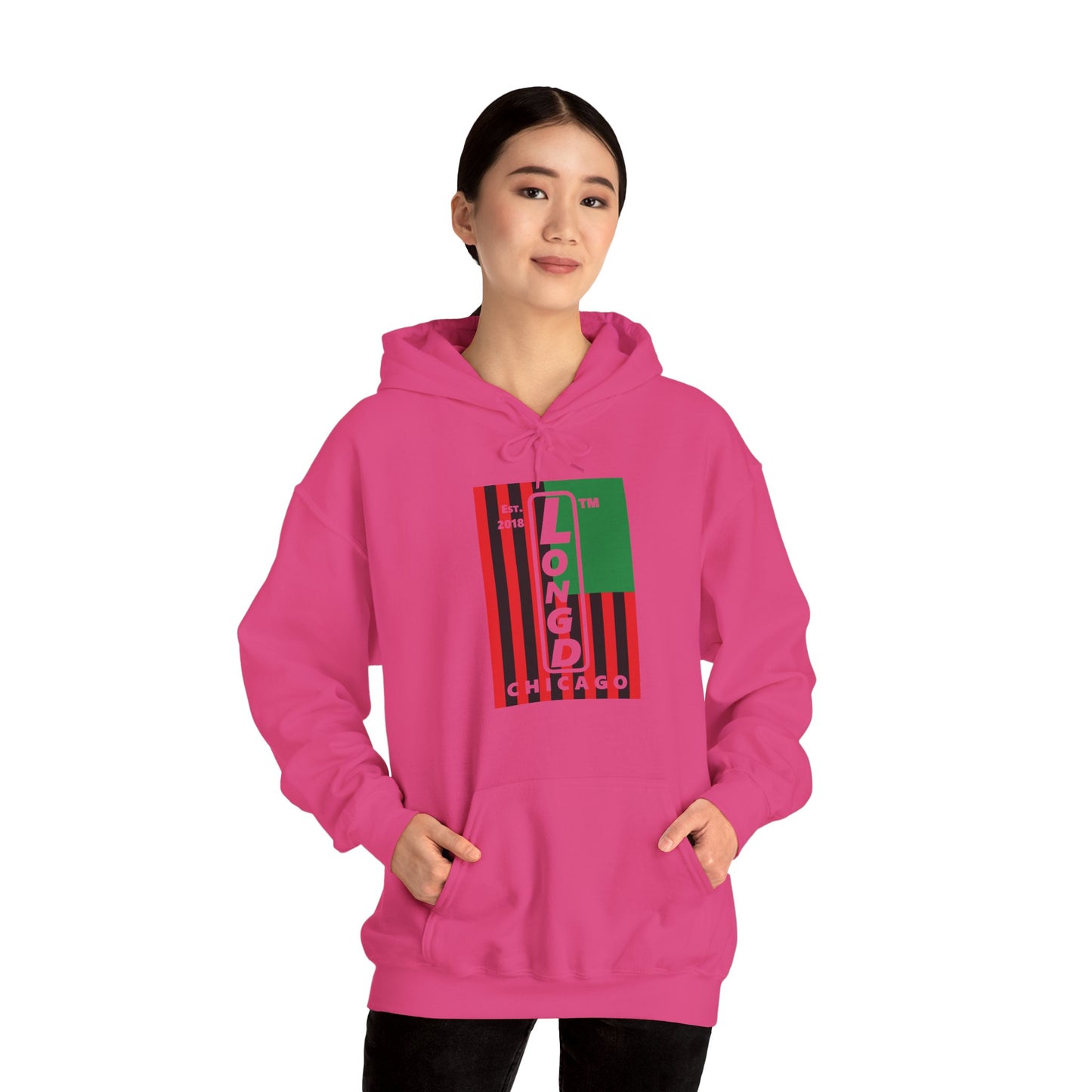 LongD® negative cropped flag upright Chicago logo hoodie (Juneteenth colors)