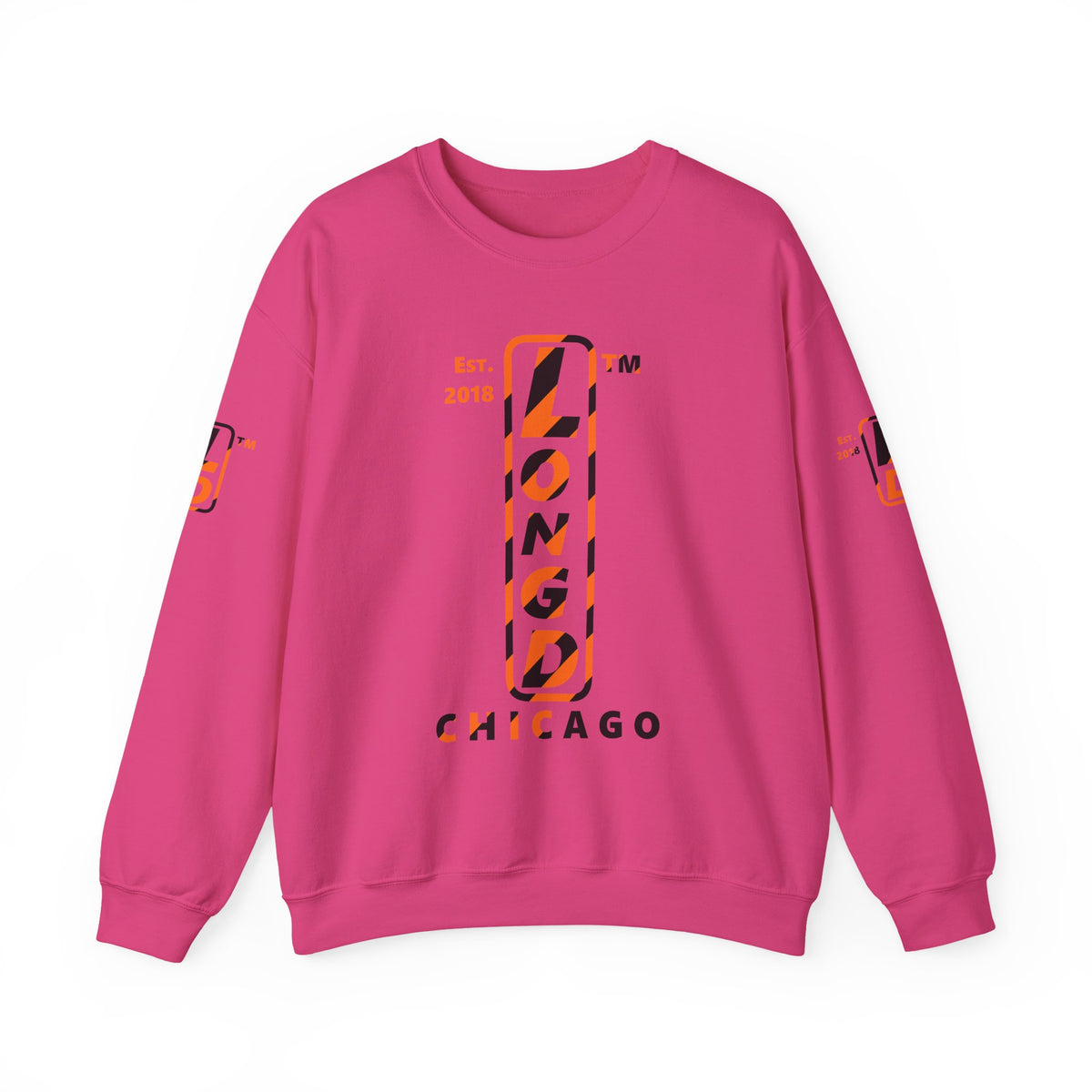 LongD Chicago positive upright pixel-weighted 12-striped 4-print logo (Halloween colors) crewneck sweatshirt
