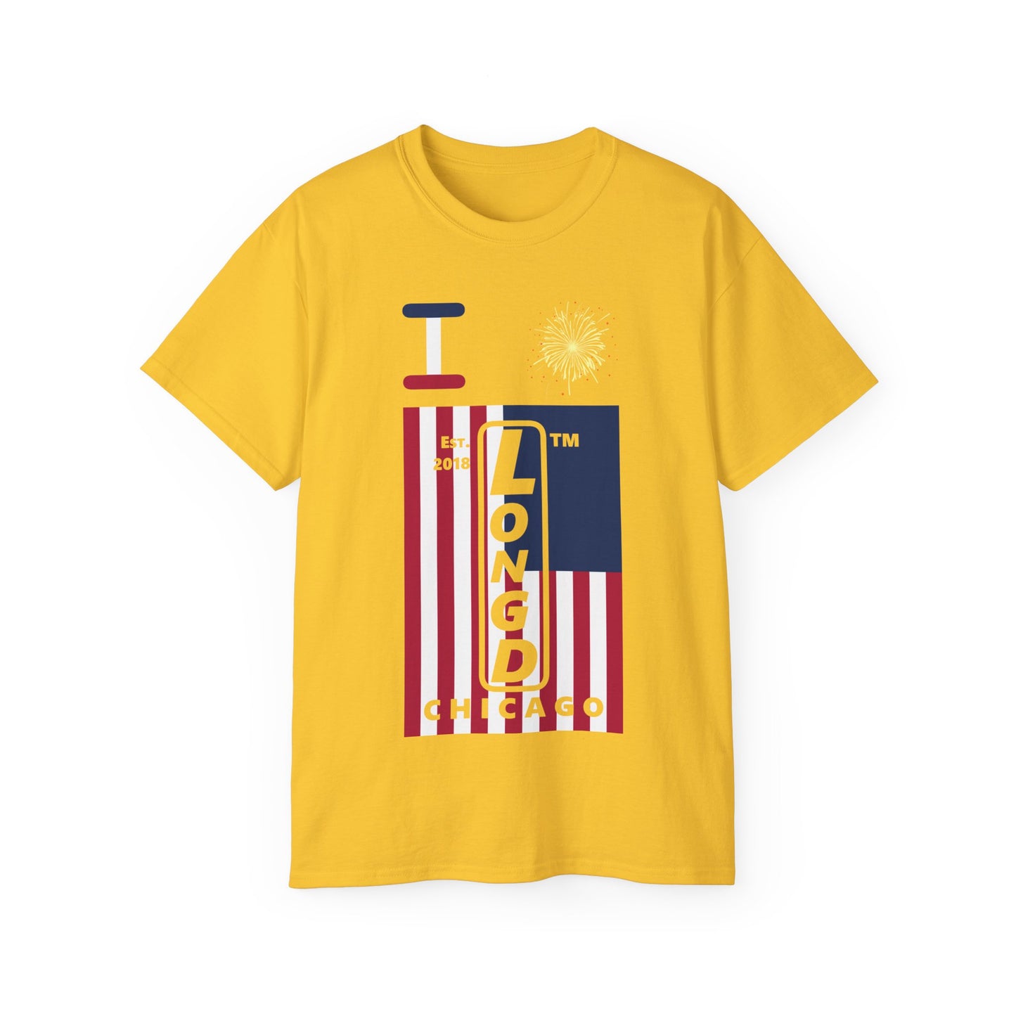 I Burst LongD cotton tee negative cropped flag Chicago upright logo (Patriotic colors)
