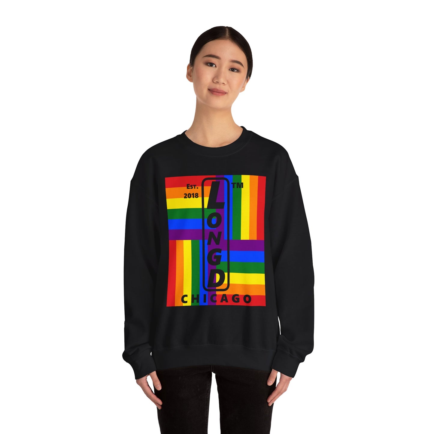 LongD negative windmill Chicago upright logo crewneck sweatshirt (Pride colors)