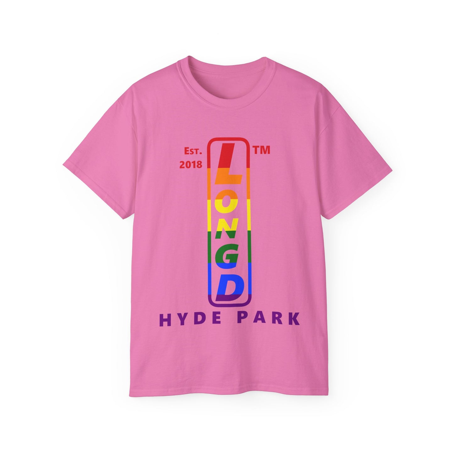 LongD Cotton Tee positive horizontal striped Hyde Park upright logo (Pride colors)