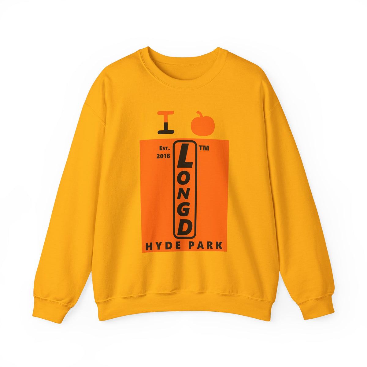 I pumpkin LongD Hyde Park upright logo positive black on negative orange crewneck sweatshirt