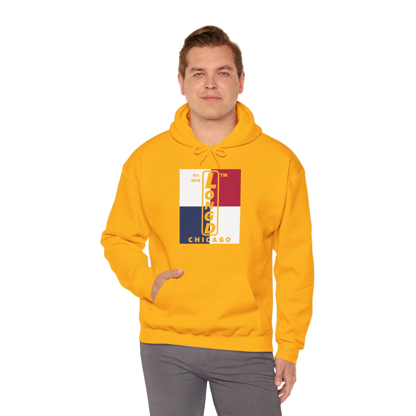 LongD® negative quarters upright Chicago logo hoodie
