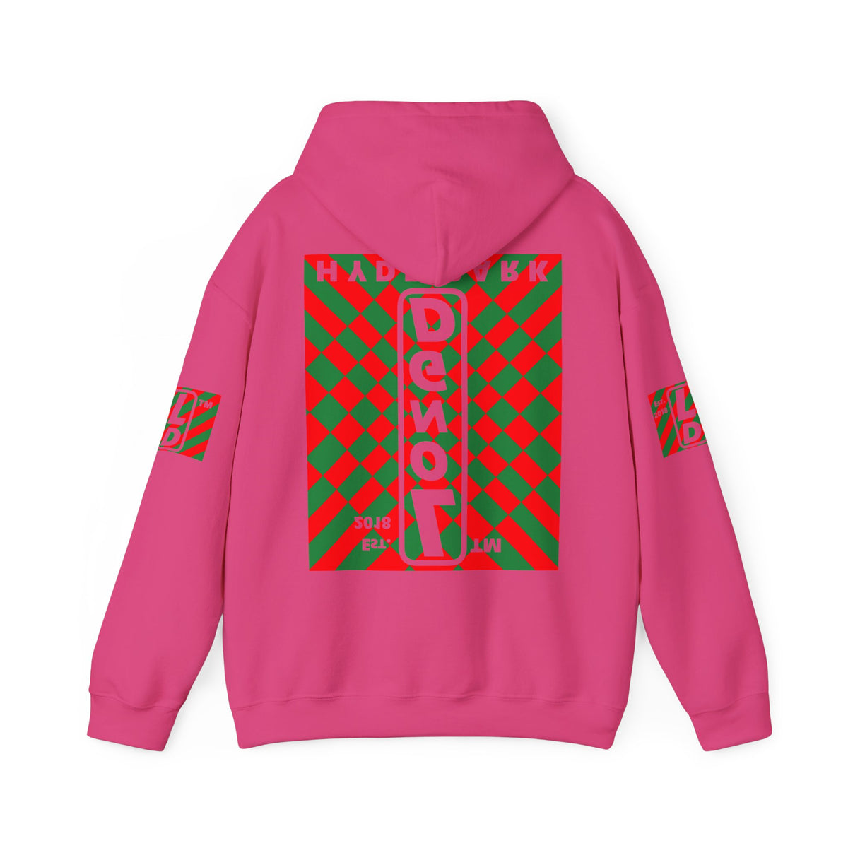 LongD Hyde Park negative upright stylized argyle 4-print logo (Xmas colors) hoodie