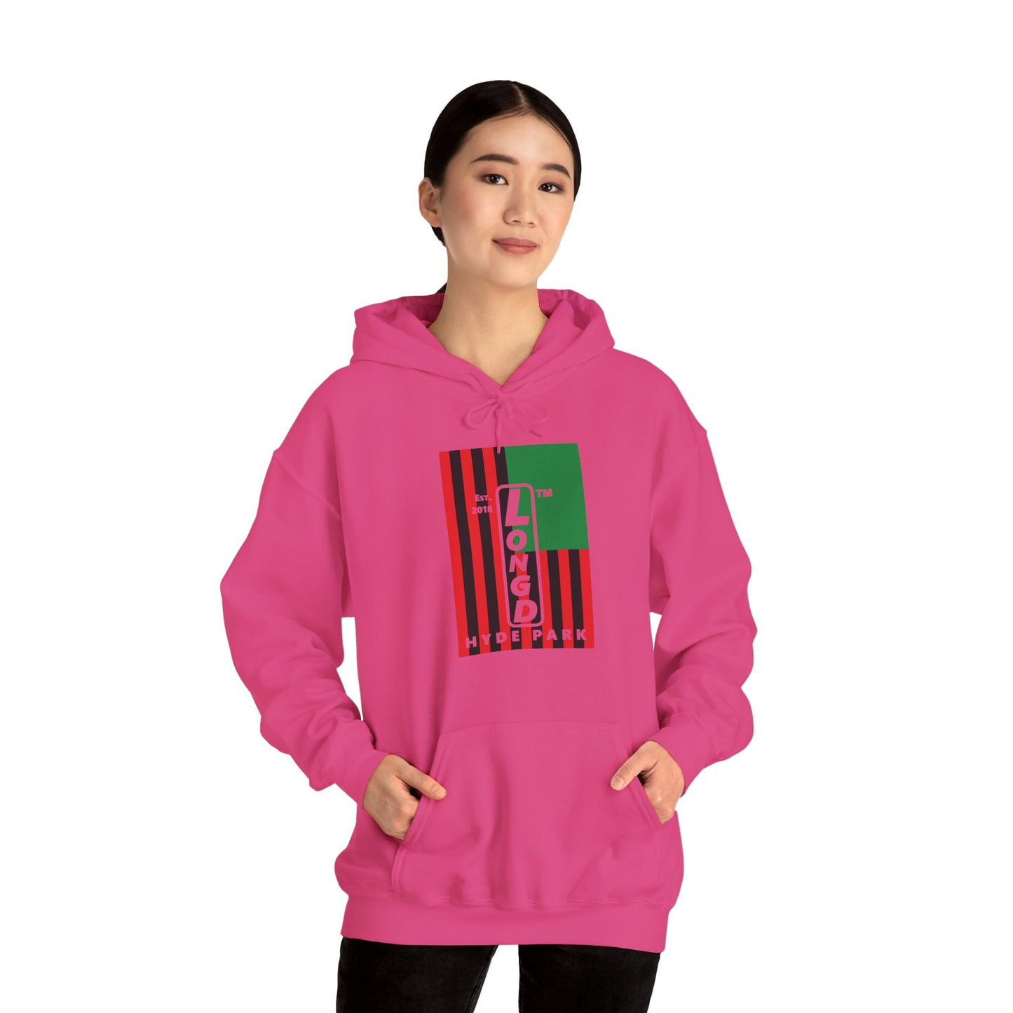 LongD® negative cropped flag upright Hyde Park logo hoodie (Juneteenth colors)