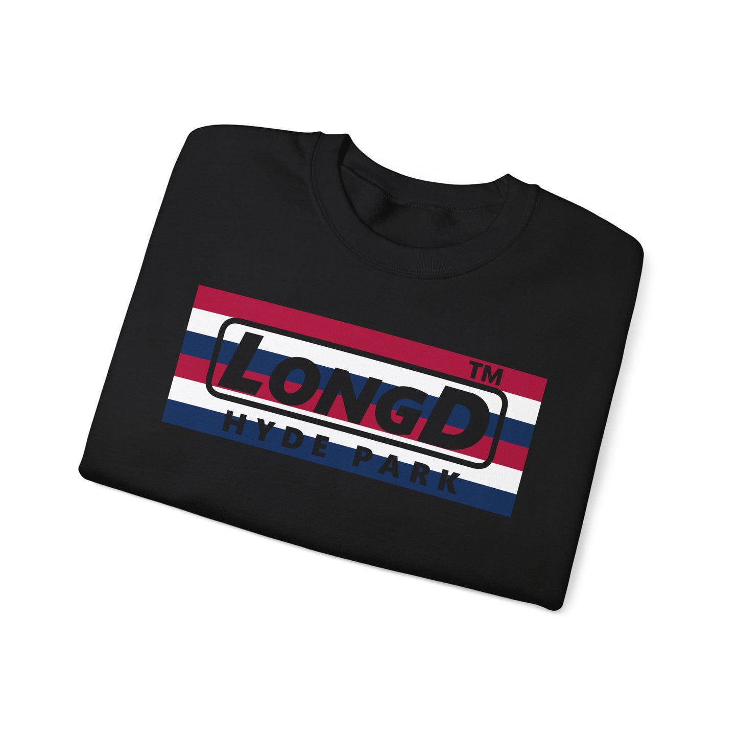 LongD negative horizontal 6-striped Hyde Park logo crewneck sweatshirt (patriotic colors)