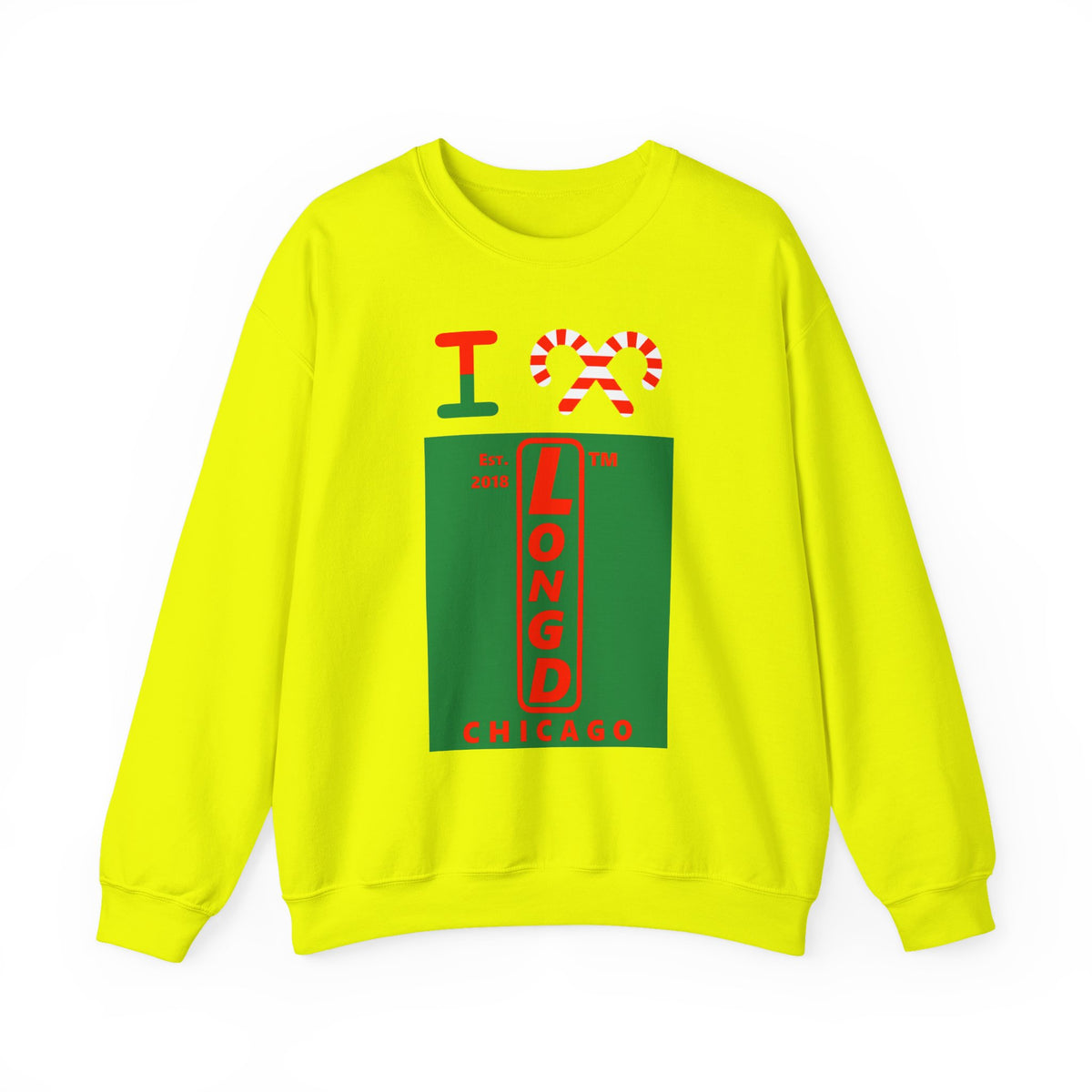 I candy cane LongD Chicago upright front-back logo positive red on negative green crewneck sweatshirt