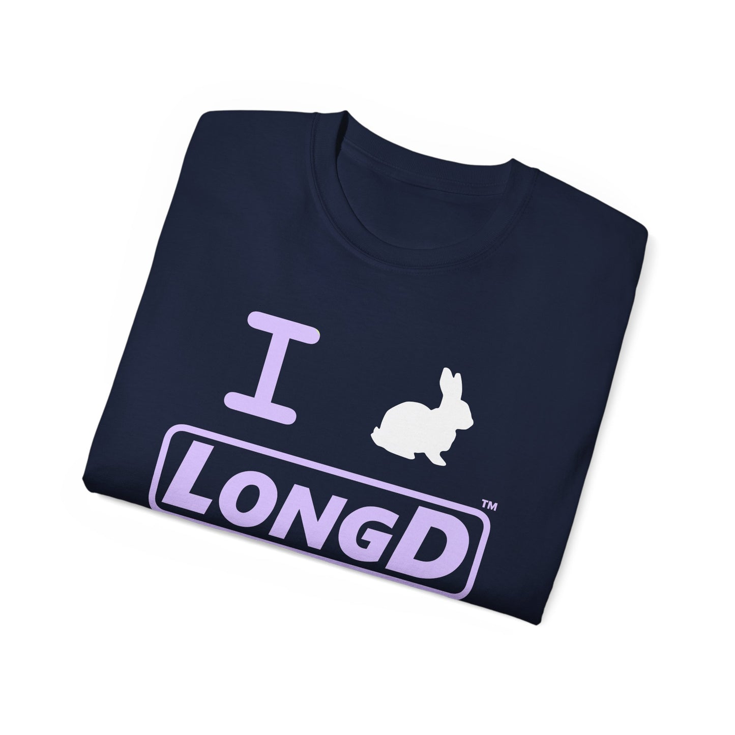 I Bunny LongD® Logo Cotton Tee Easter pastel purple text (white Easter Bunny)