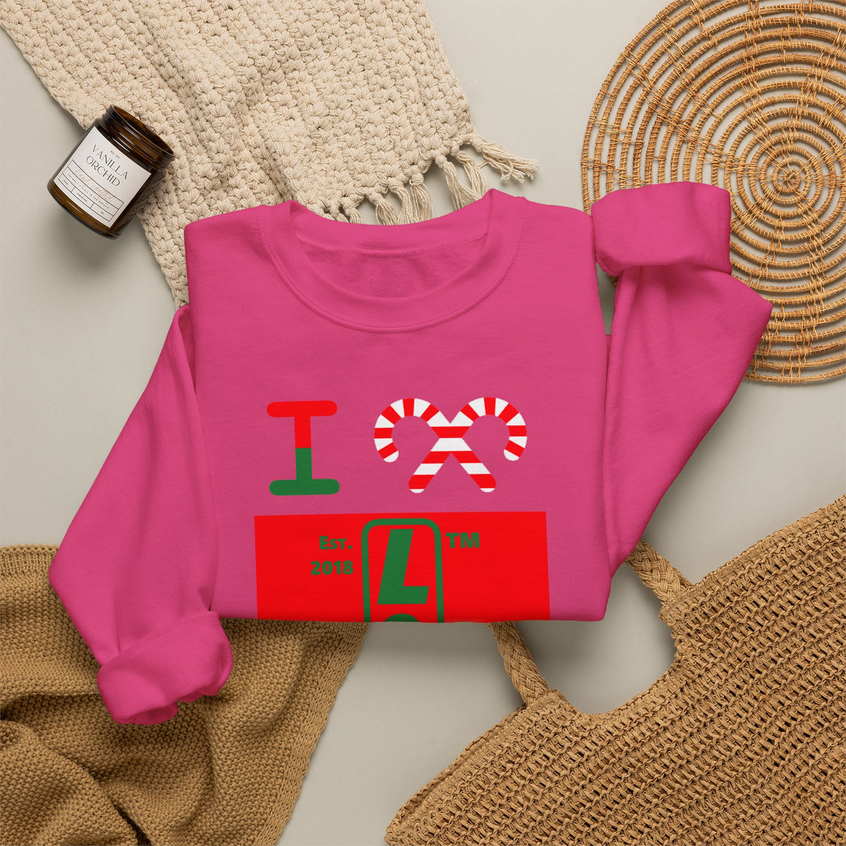 I candy cane LongD Chicago upright logo positive green on negative red crewneck sweatshirt