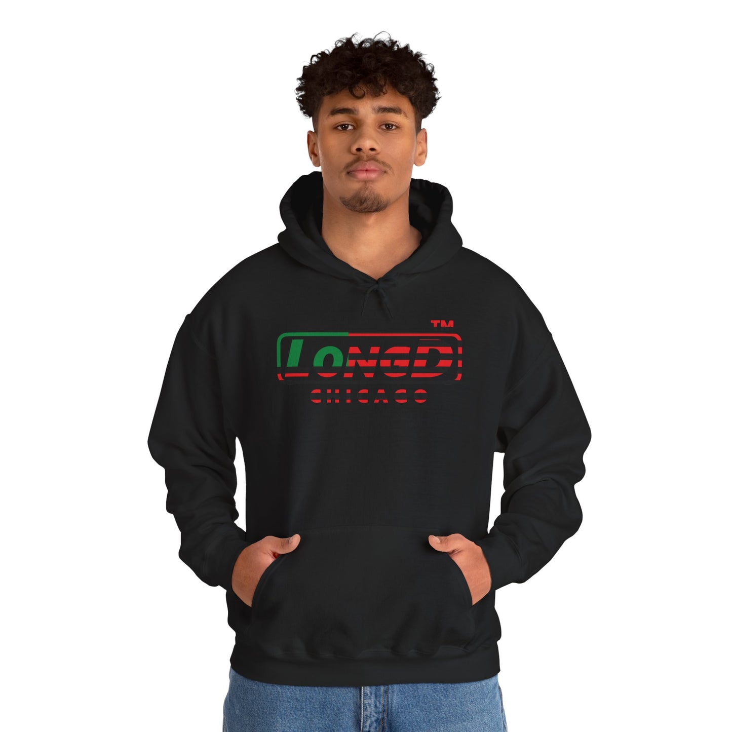 LongD® positive flag front-back Chicago logo Hoodie (Juneteenth colors)