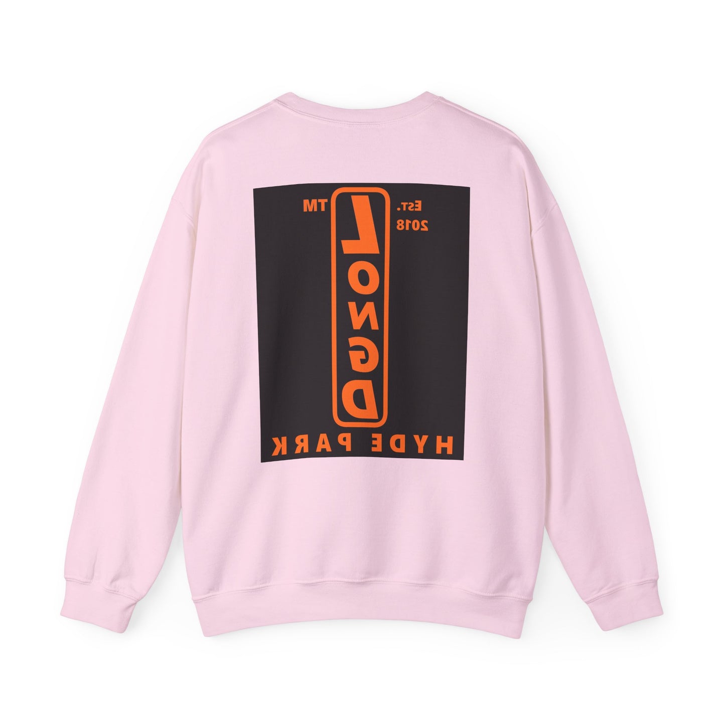 LongD Hyde Park upright front-back logo orange (FE7518) on Black (000000) crewneck sweatshirt