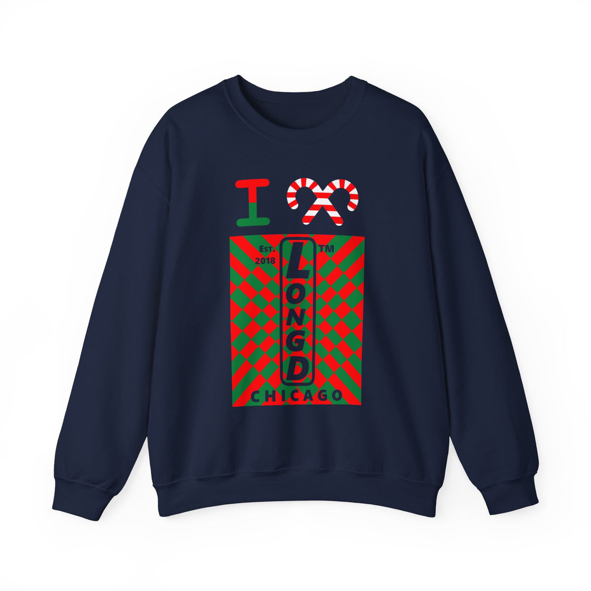 I candy cane LongD Chicago negative upright stylized argyle logo crewneck sweatshirt