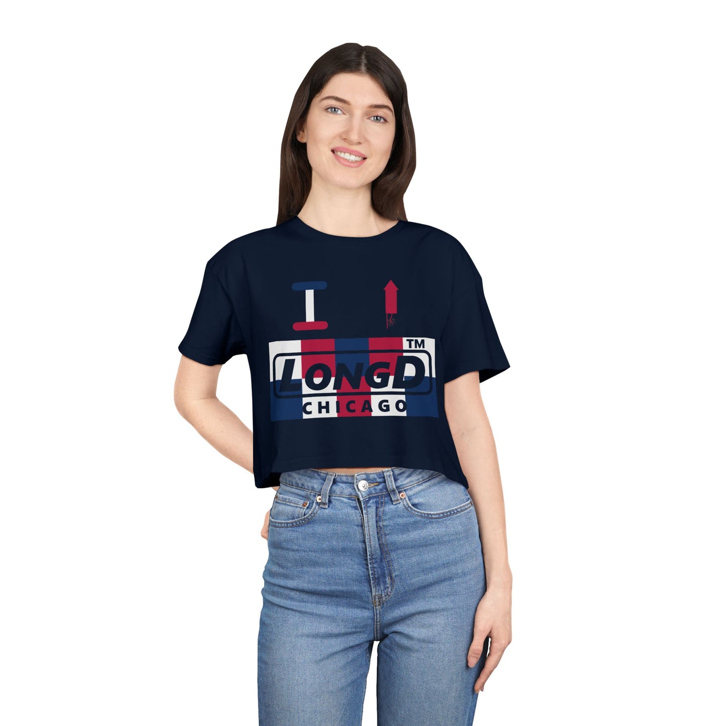 I firecracker LongD negative 2x5 Chicago Logo Crop Tee (Patriotic colors)