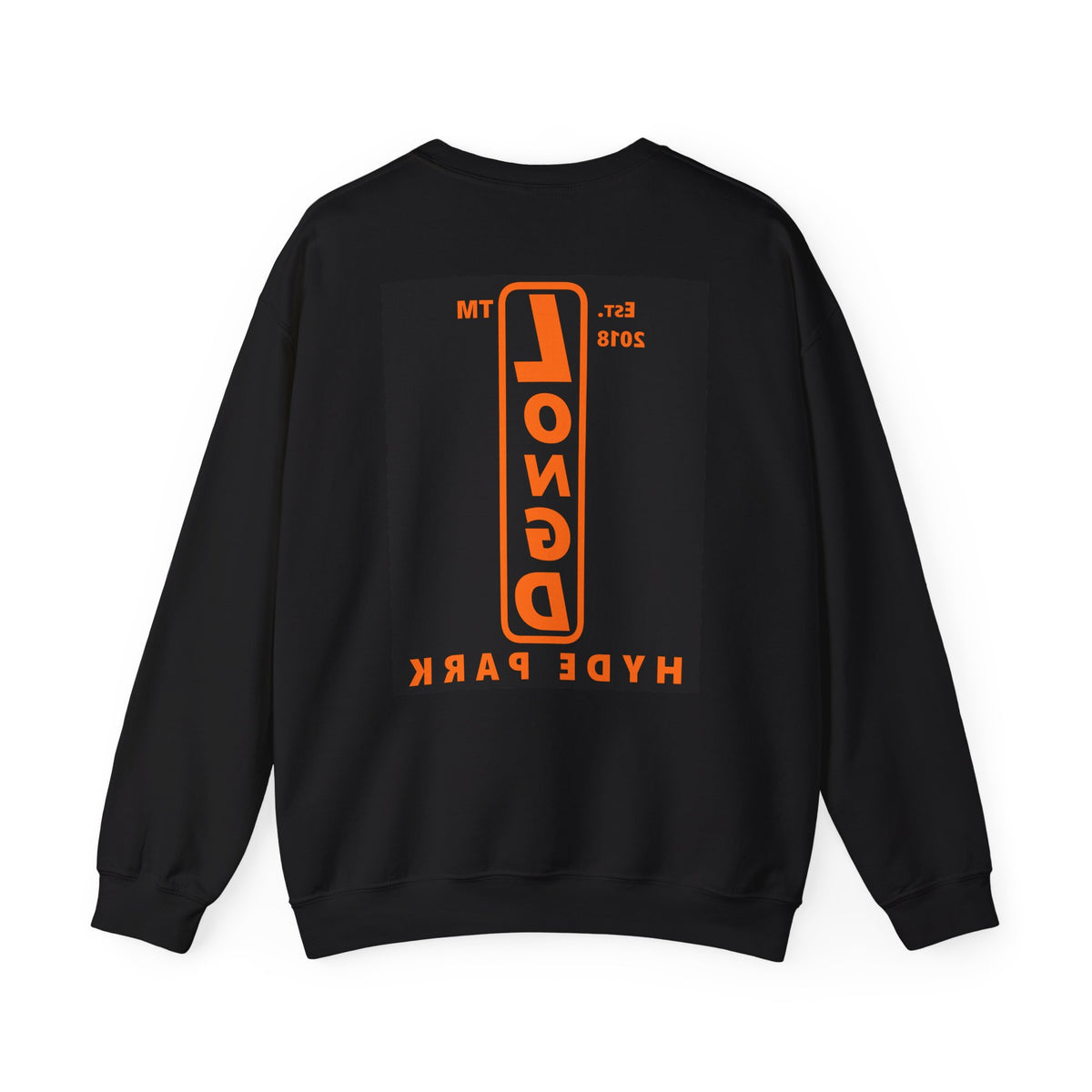 LongD Hyde Park upright front-back logo orange (FE7518) on Black (000000) crewneck sweatshirt