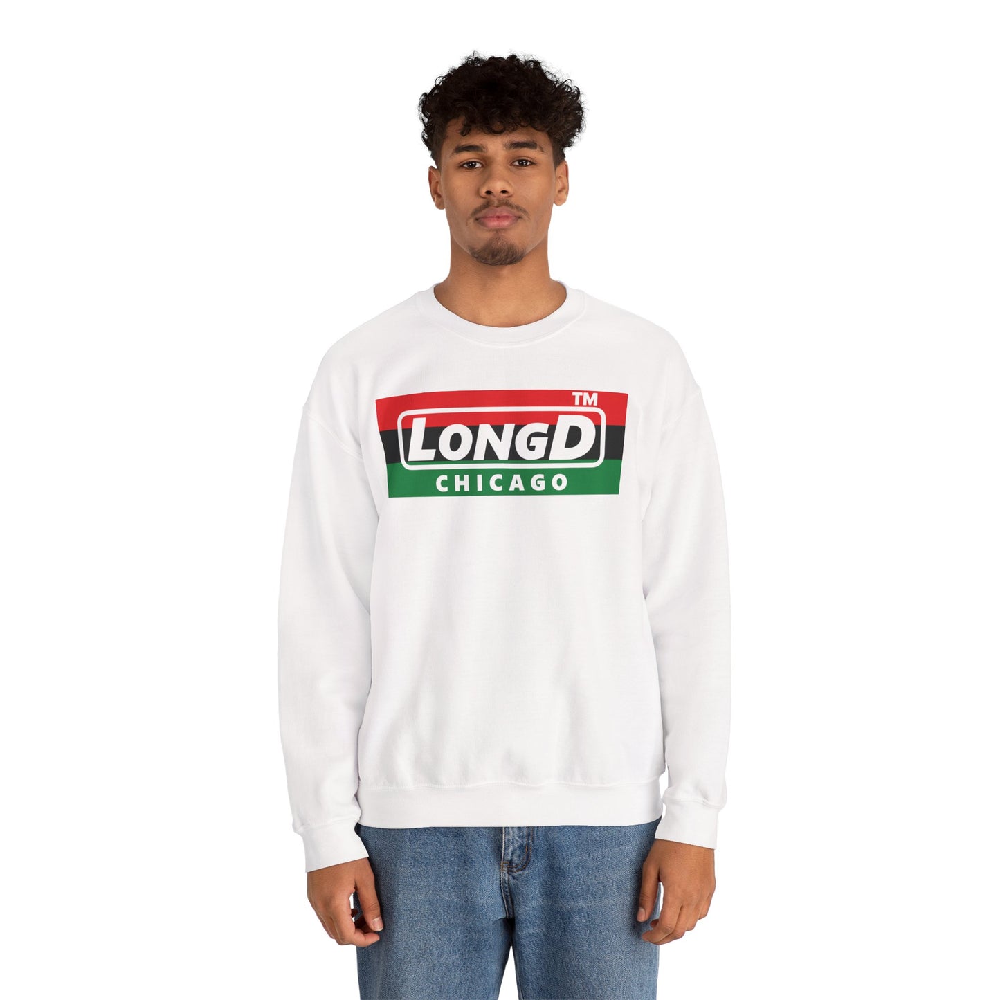 LongD negative horizontal 3-striped Chicago logo crewneck sweatshirt (Juneteenth colors)