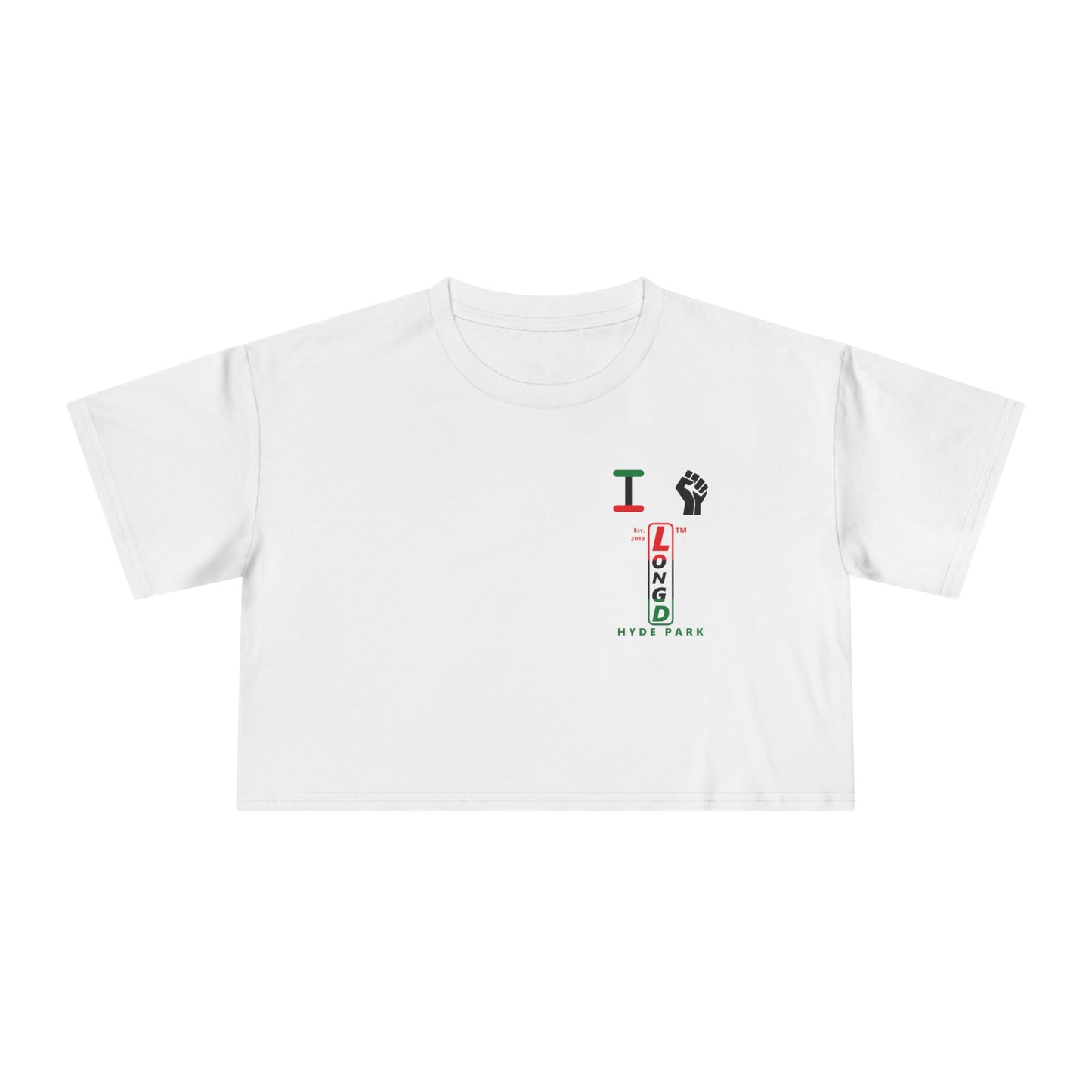 I fist LongD positive horizontal 3-striped upright single-breasted Hyde Park logo crop tee (Juneteenth colors)