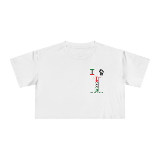 I fist LongD positive horizontal 3-striped upright single-breasted Hyde Park logo crop tee (Juneteenth colors)