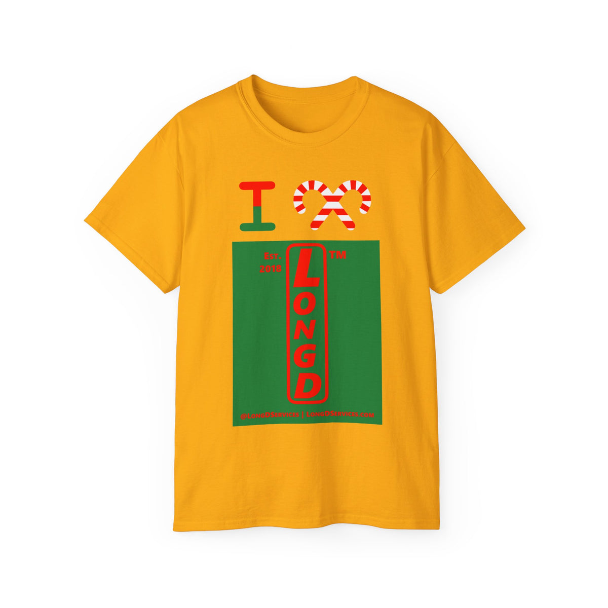 I candy cane LongD Tag-domain upright front-back logo positive red on negative green cotton tee