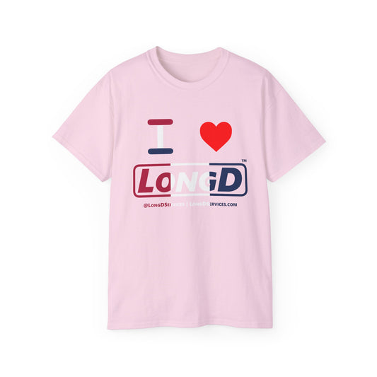 I Luv LongD® Logo Cotton Tee Red, White and Blue positive thirds text