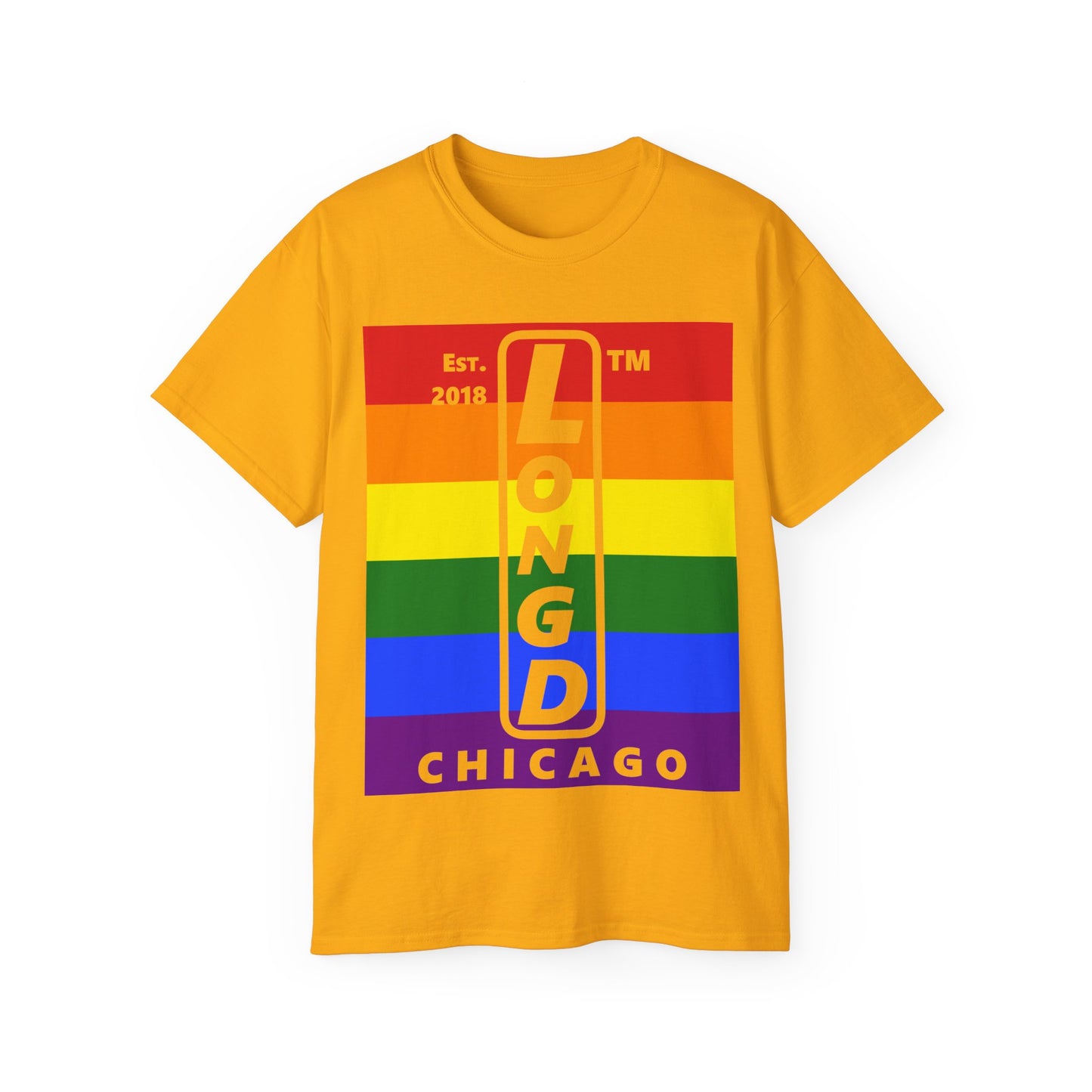 LongD Cotton Tee negative horizontal striped Chicago upright logo (Pride colors)