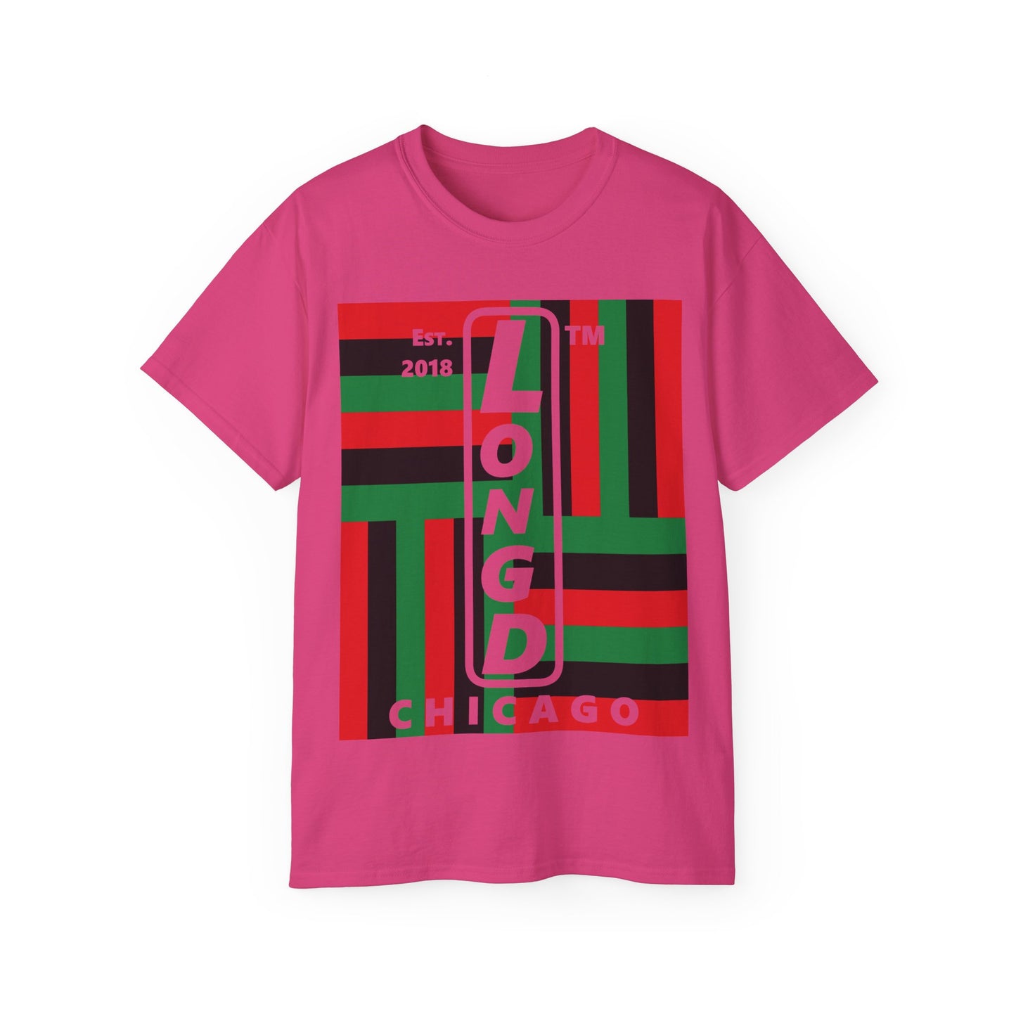 LongD Cotton Tee negative windmill Chicago upright logo (Juneteenth colors)