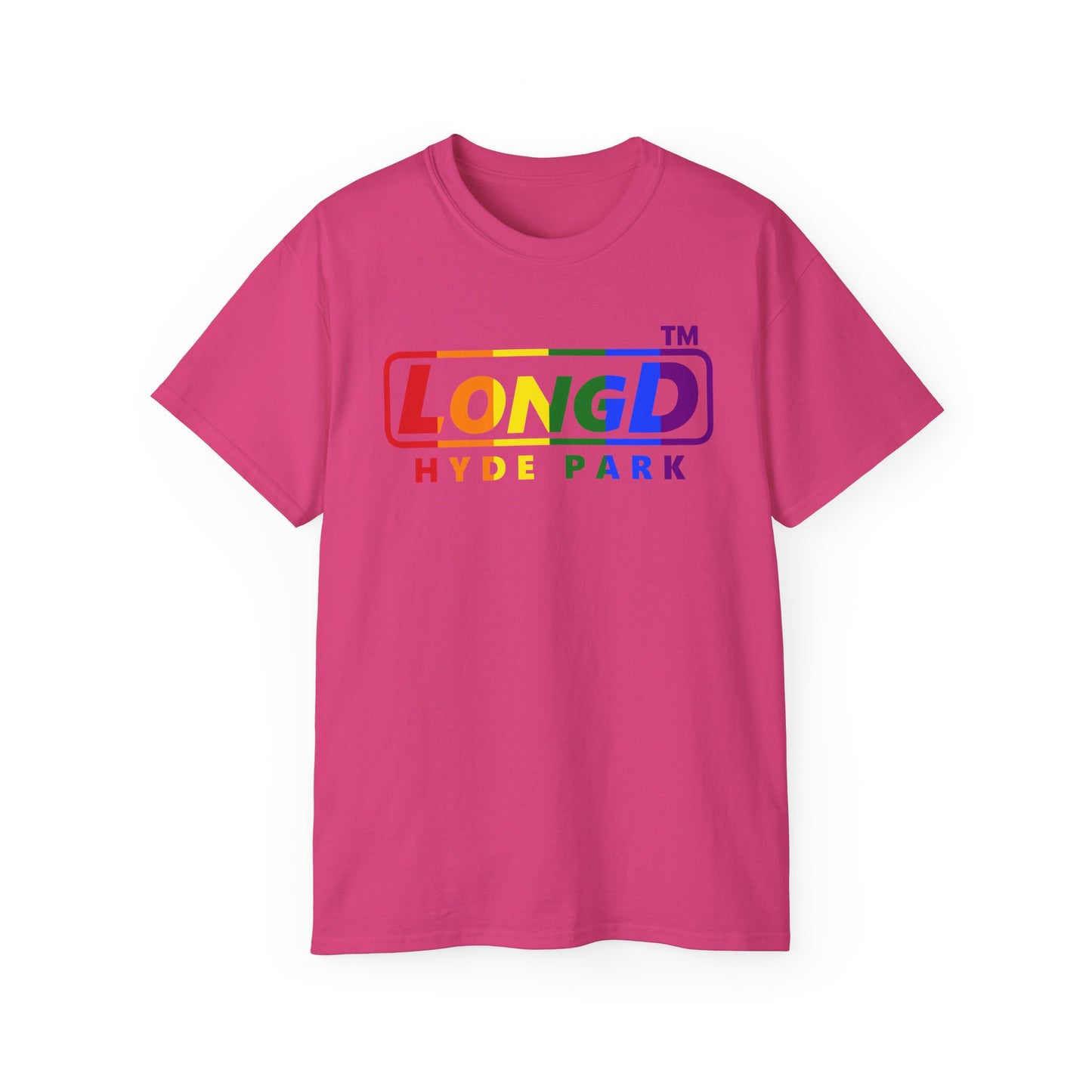LongD positive vertical striped Hyde Park logo cotton tee (Pride colors)
