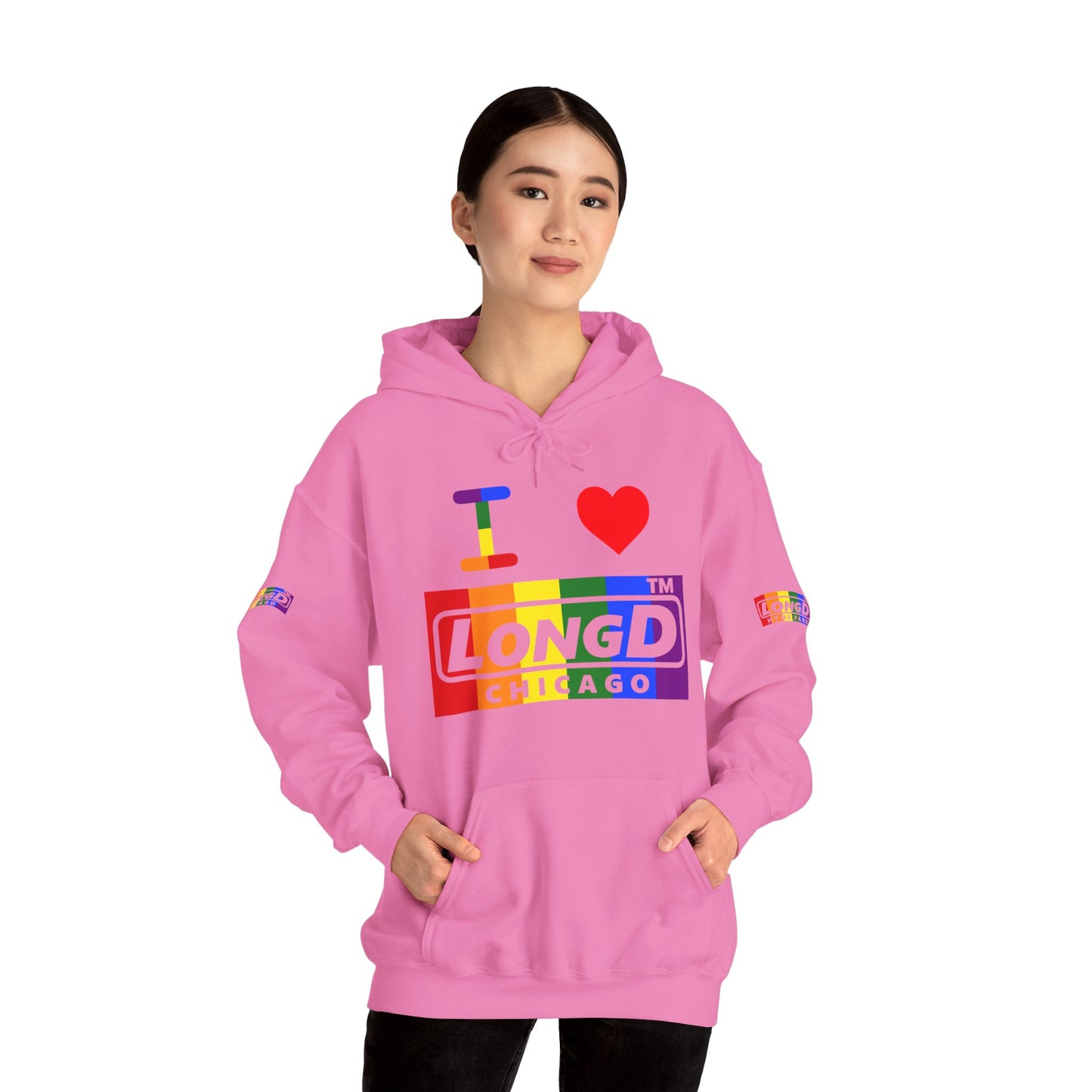I Luv LongD® negative vertical striped 4-print Chicago logo hoodie (Pride colors)