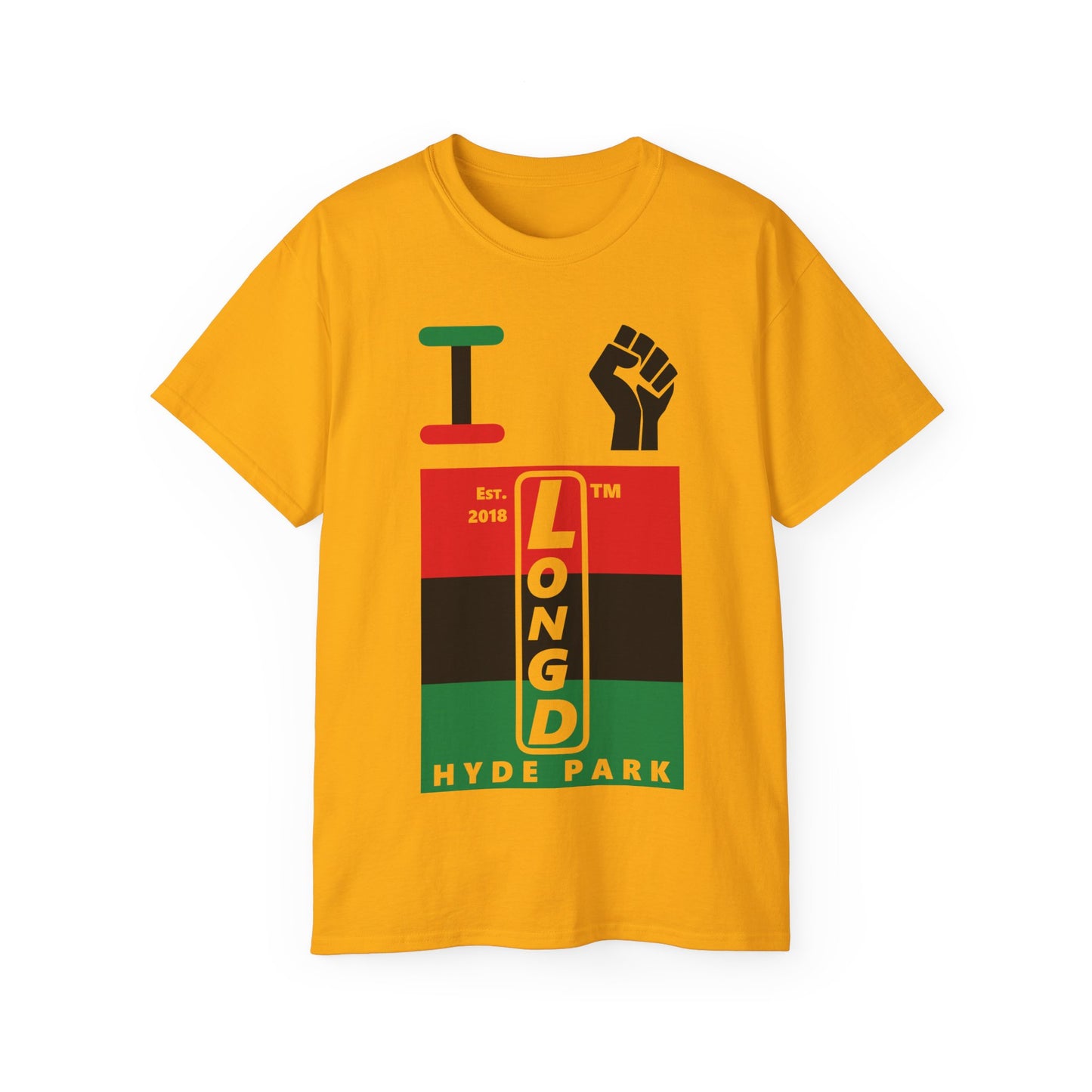 I fist LongD Cotton Tee negative horizontal striped Hyde Park upright logo (Juneteenth colors)