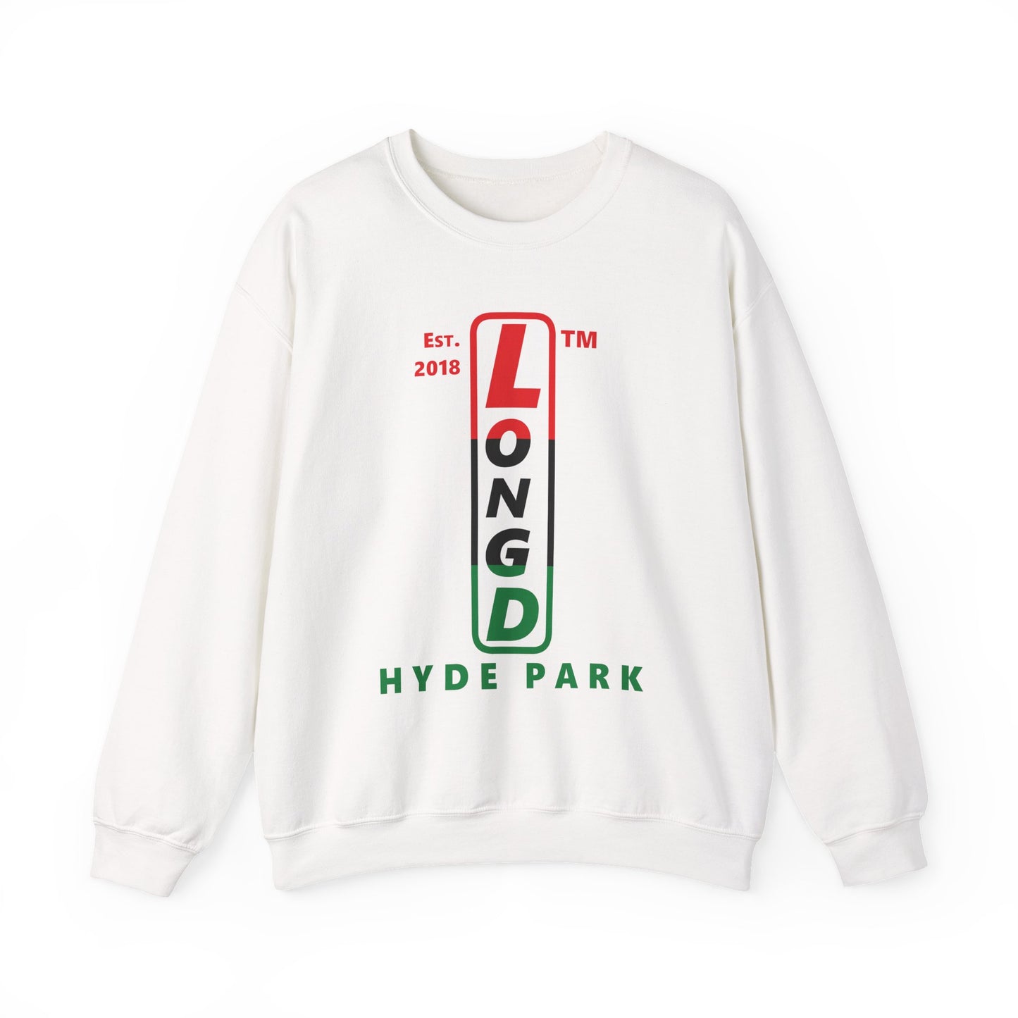 LongD positive horizontal 3-striped Hyde Park upright logo crewneck sweatshirt (Juneteenth colors)
