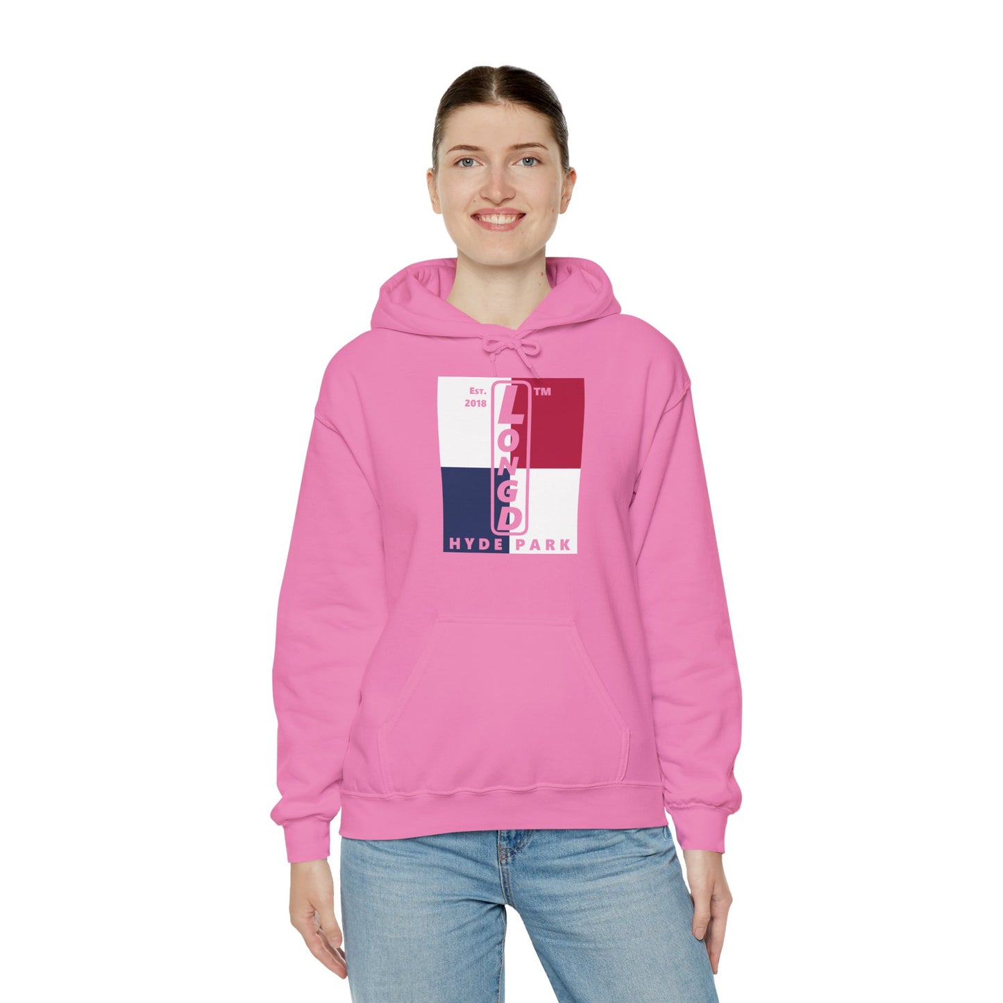 LongD® negative quarters upright Hyde Park logo hoodie (Patriotic colors)