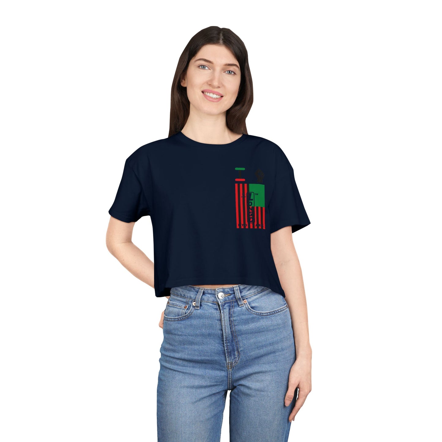 I fist LongD negative flag upright single-breasted Hyde Park logo crop tee (Juneteenth colors)