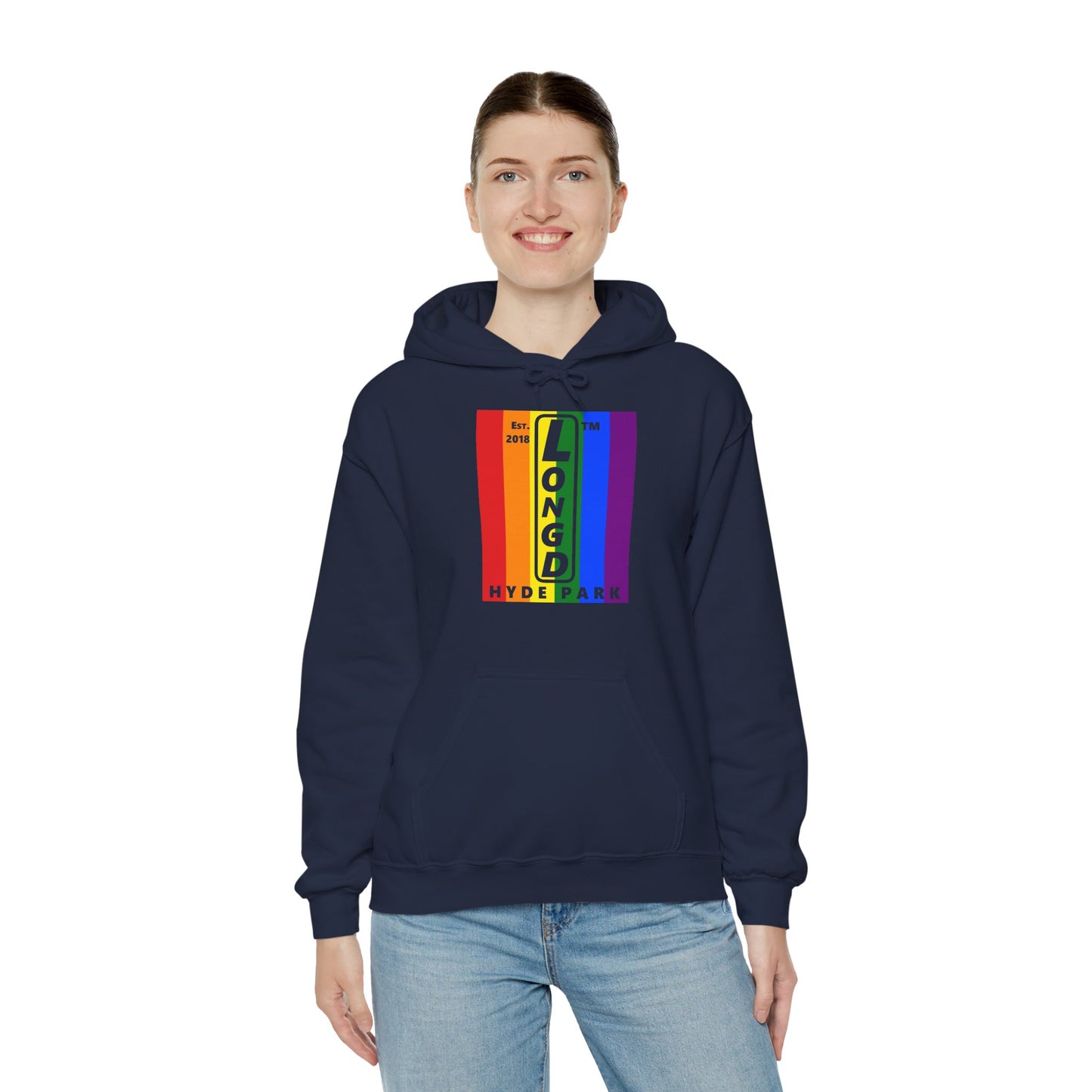 LongD® negative vertical 6-striped upright Hyde Park logo hoodie (Pride colors)